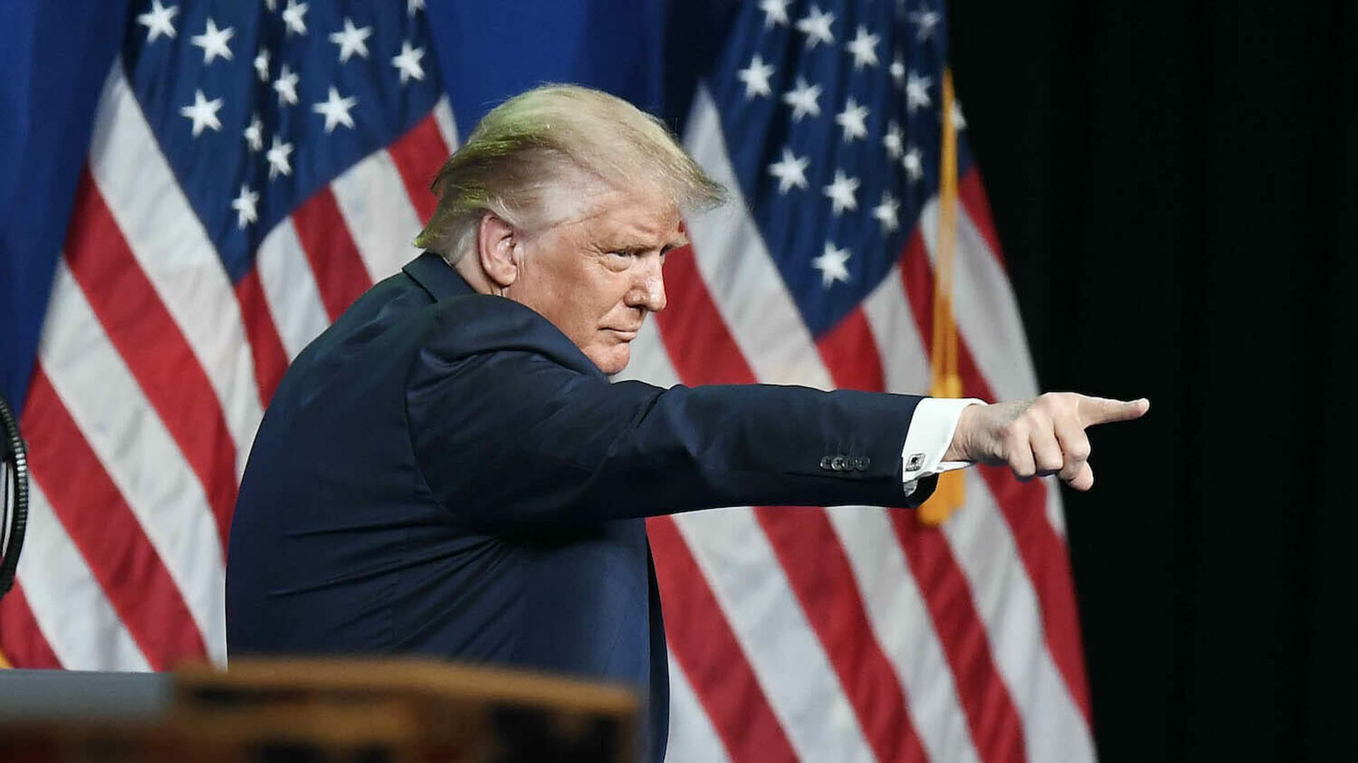President Donald J. Trump points to a delegate after addressing the Republican National Convention at the Charlotte Convention Center The Trump campaign released a document that mentions cybersecurity, but with few specifics. (Photo by David T. Foster III-Pool/Getty Images)