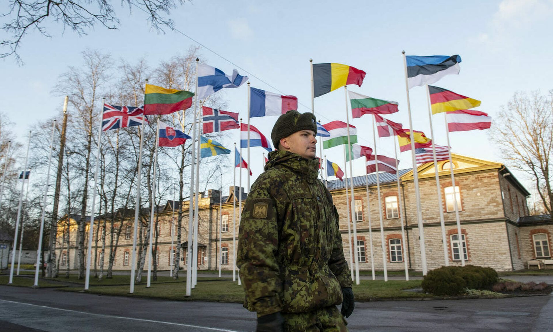 Member flags fly on front of NATO’s Cooperative Cyber Defense Center of Excellence (CCDCOE) headquarters on January 9, 2020 in Tallinn, Estonia. Estonia is at the leading edge of combating Russian cyber and misinformation attacks. (Alfredo Sosa/The Christian Science Monitor via Getty Images)