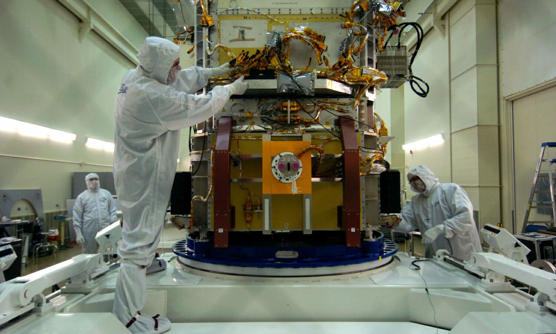 A recent phishing campaign targets highly skilled technology workers in the aerospace and defense industries. Seen here, a spacecraft in production from Ball Aerospace. (Helen H. Richardson/The Denver Post via Getty Images)