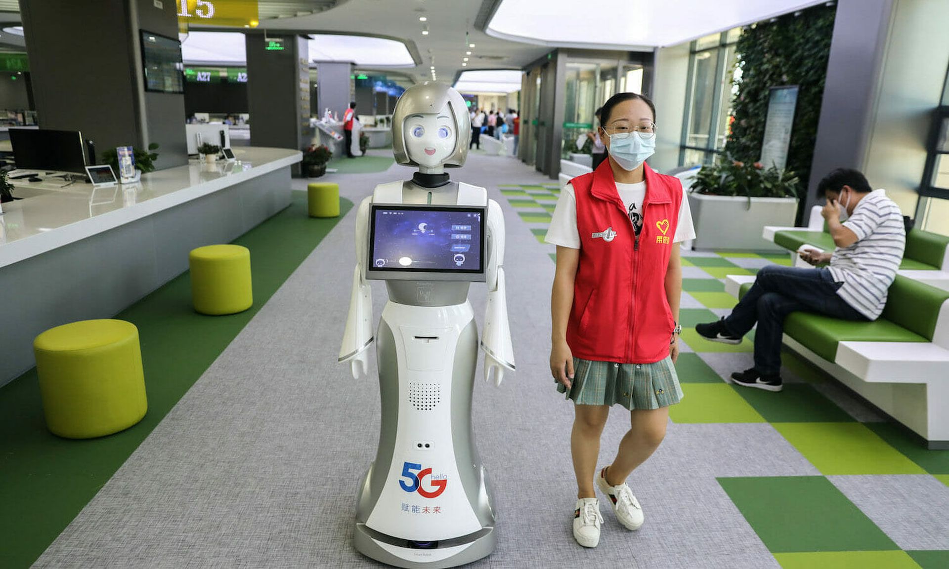 A 5G-supported intelligent robot works at the administration service centre on August 14, 2020 in Zhoushan, Zhejiang Province of China. China announced a new global data security program, which seemed tat least in part to be in response to restrictions or outright banning by Western allies of the use of Chinese telecommunication equipment manufact...
