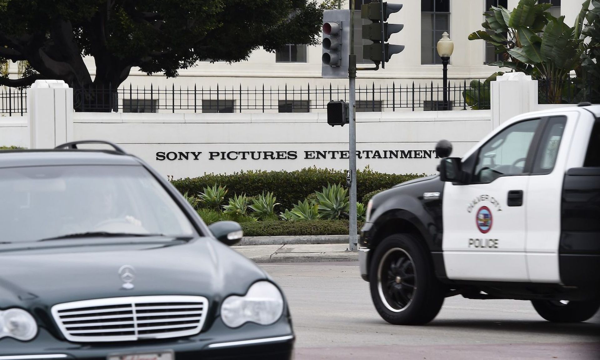 The outside of Sony Pictures, seen in 2014 after being hacked by North Korea’s Lazarus Group in retaliation for the comedy movie “The Interview.”    (Photo credit should read -/AFP via Getty Images)