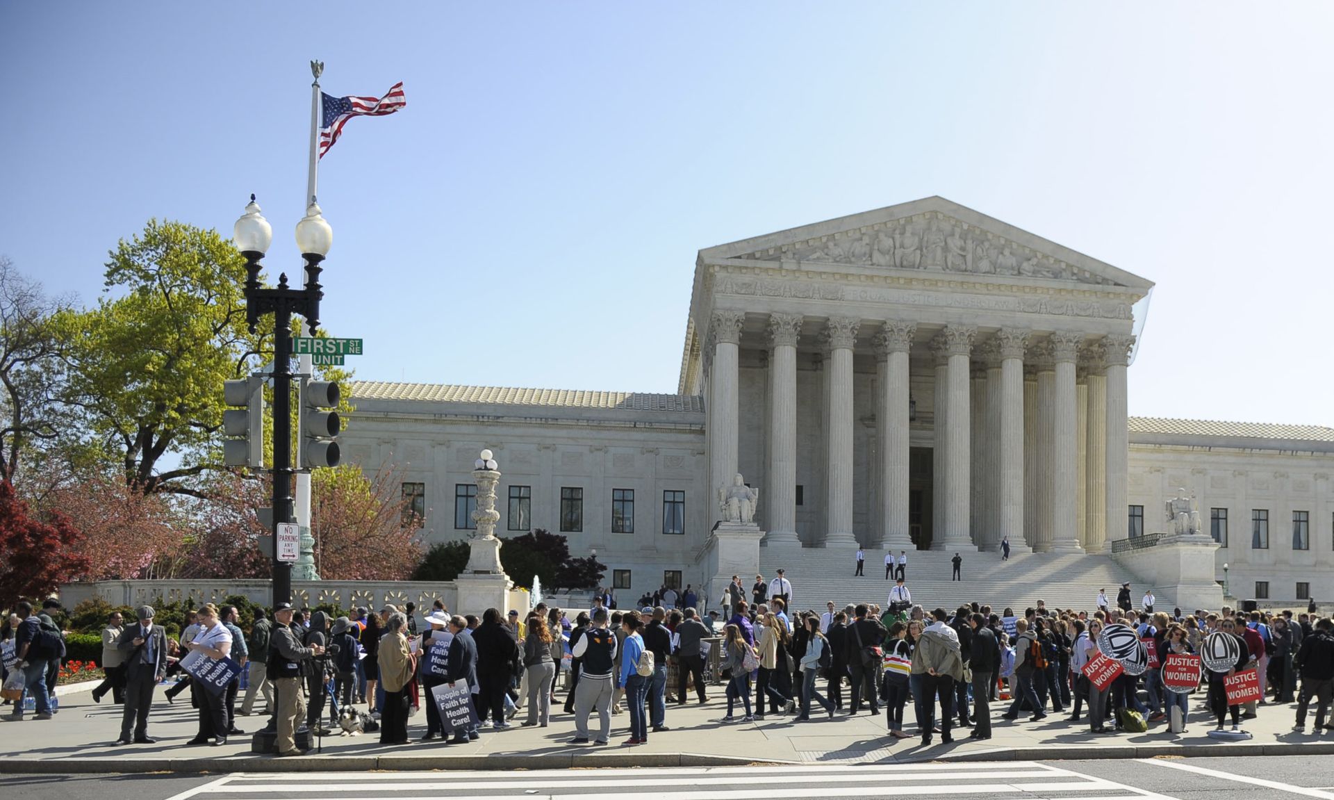 WASHINGTON, DC – MARCH 26:  Supporters and anti-health care bill activists gather to protest outside the Supreme Court. A coalition of security leaders, in response to a Voatz amicus brief, have asked the court to narrow the interpretation of the CFAA. Photo by Ricky Carioti/The Washington Post via Getty Images)