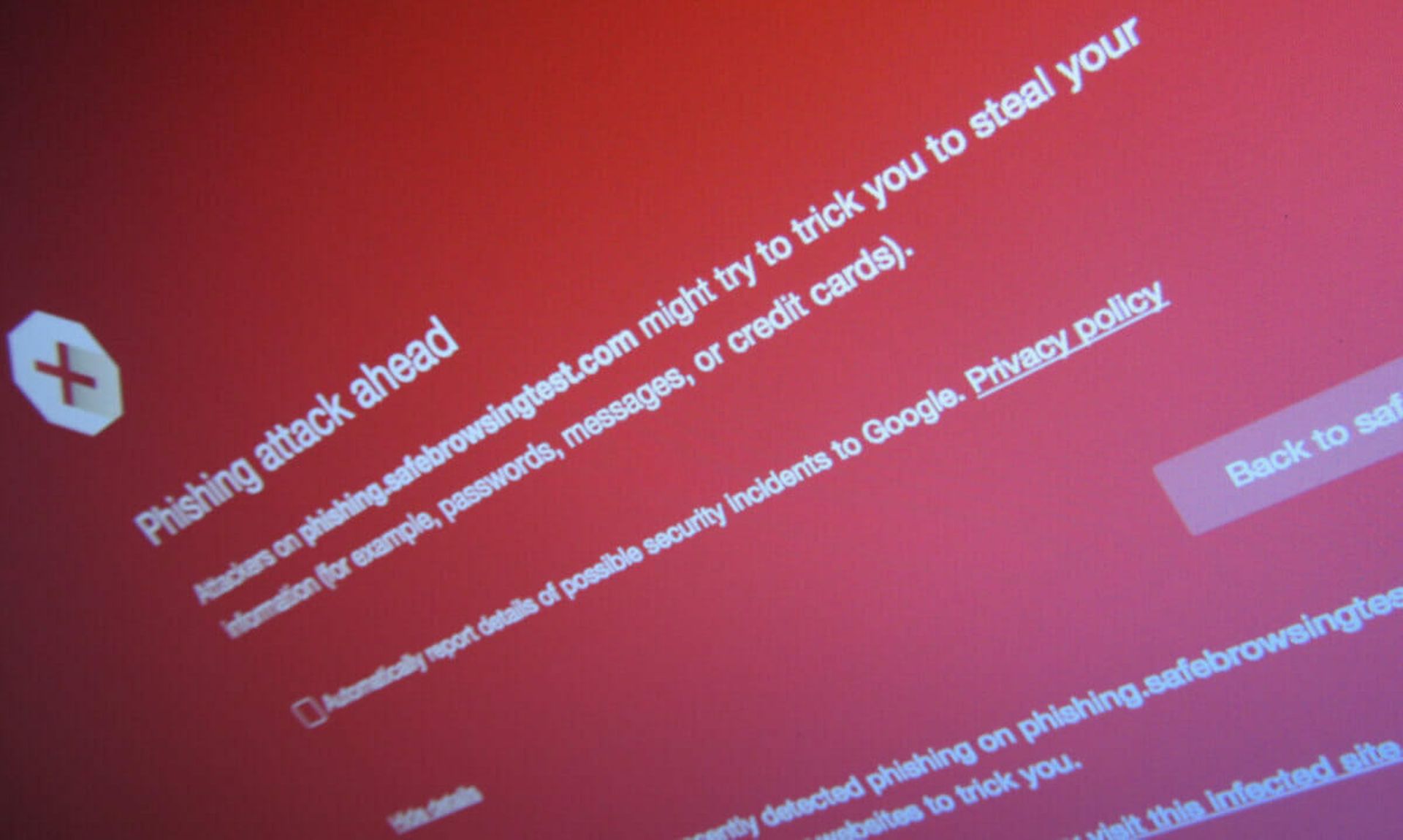 Phishing warning seen on Google Chrome when visiting a website that has been recognized as phishing website. (Christiaan Colen/CC BY-SA 2.0)