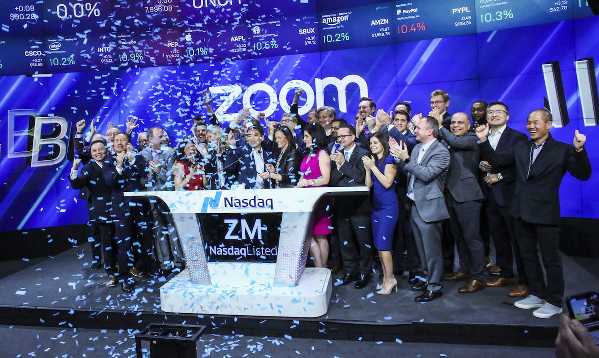 Confetti falls as Zoom founder Eric Yuan rings the Nasdaq opening bell on April 18, 2019 in New York City. The pandemic tested the company significantly, as a huge influx in demand exposed challenges tied to security and privacy. (Photo by Kena Betancur/Getty Images)