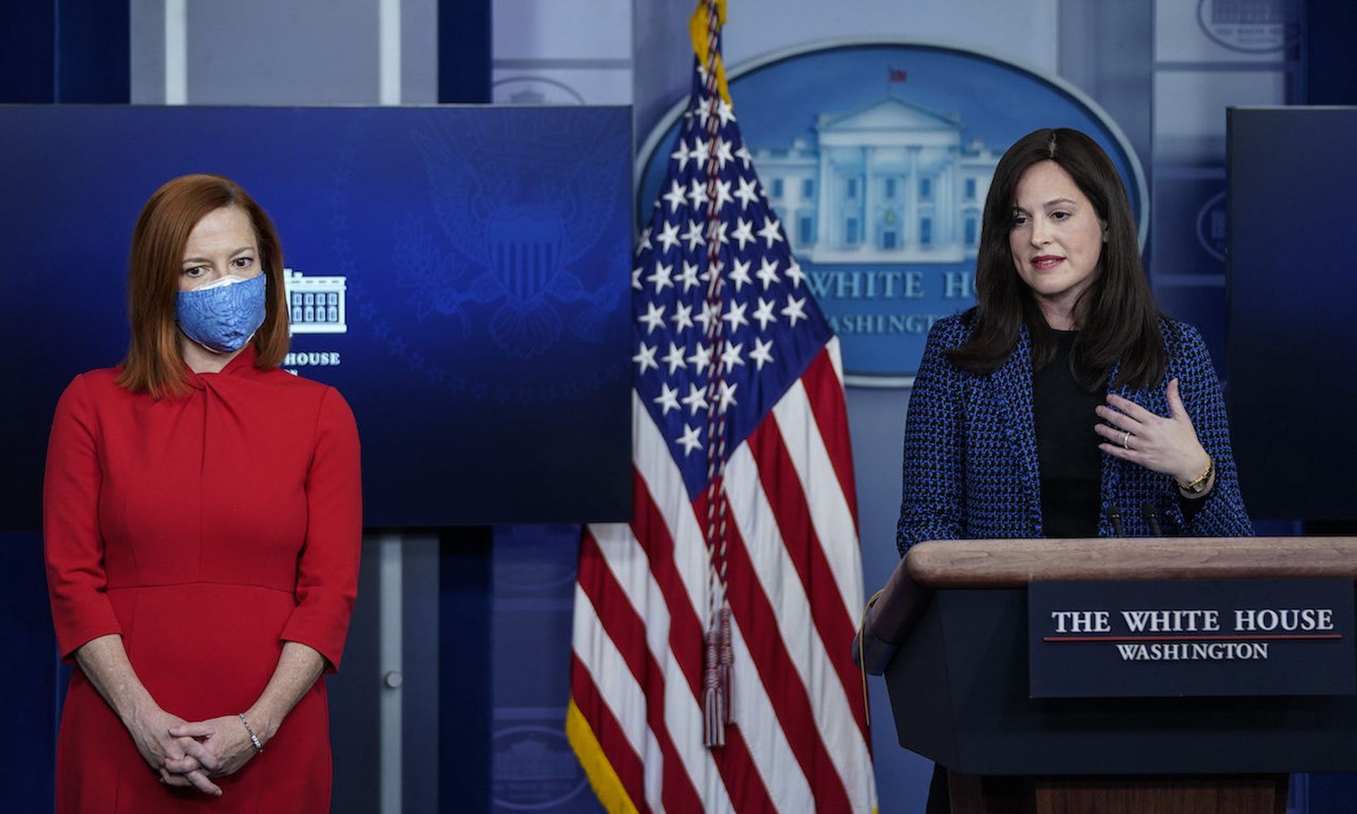 White House Press Secretary Jen Psaki looks on as Deputy National Security Advisor for Cyber and Emerging Technology Anne Neuberger speaks during the daily press briefing at the White House in February. The Accellion incident kicked off a number of supply chain hacks in 2021, including Microsoft Exchange and SolarWinds, prompting White House action...