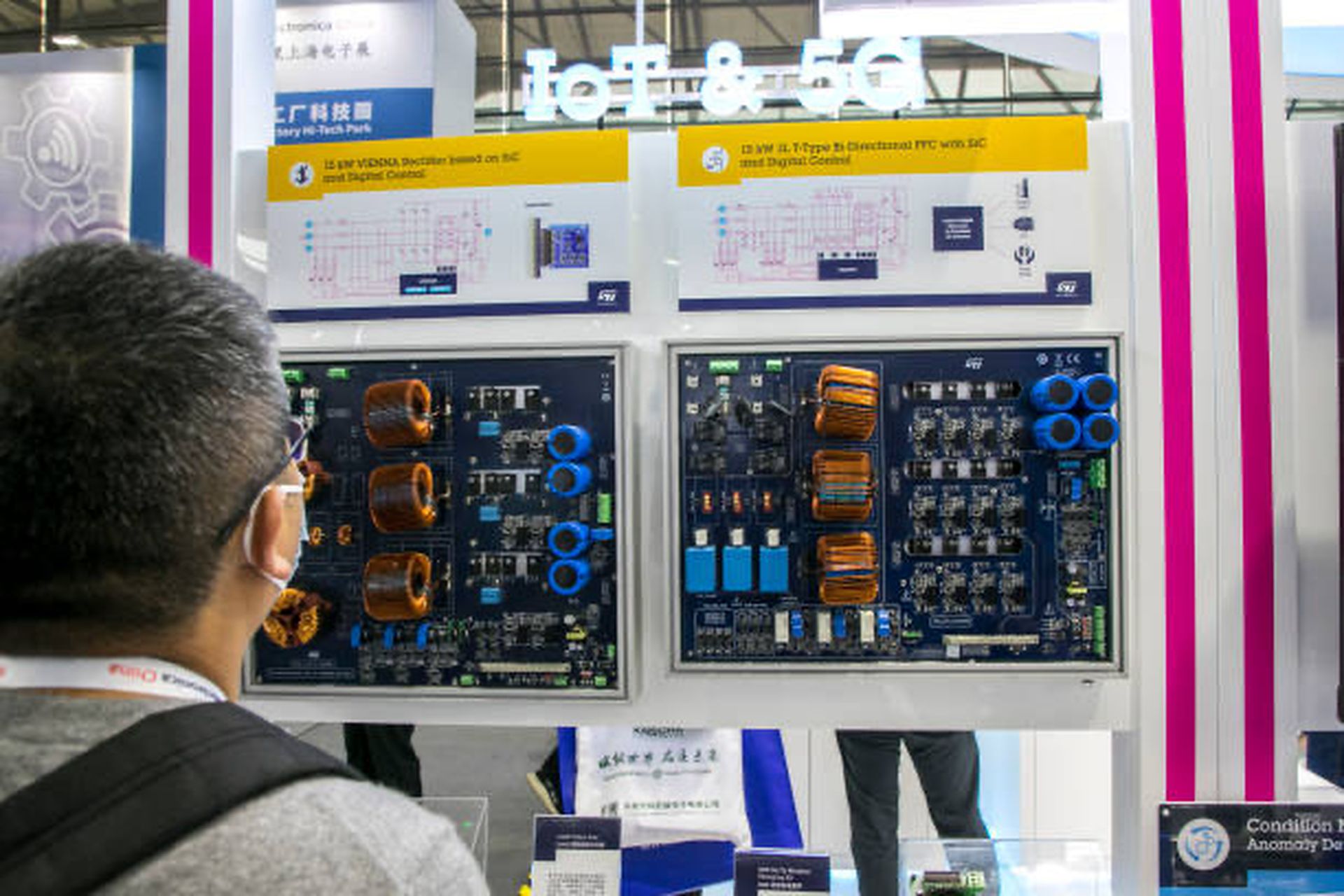 A visitor looks at an IoT & 5G motherboard at the booth of STMicroelectronics during Electronica China 2021 at Shanghai New International Expo Centre on April 14, 2021 in Shanghai, China. (Photo by VCG/VCG via Getty Images)