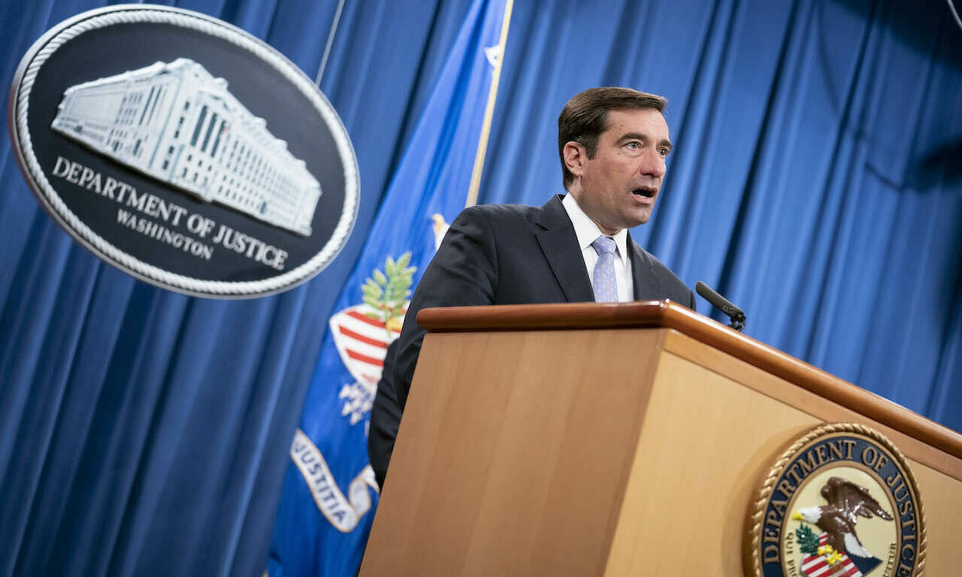 Assistant Attorney General for National Security John C. Demers, speaks during a virtual news conference at the Department of Justice on October 28, 2020 in Washington, DC. (Photo by Sarah Silbiger/Getty Images)