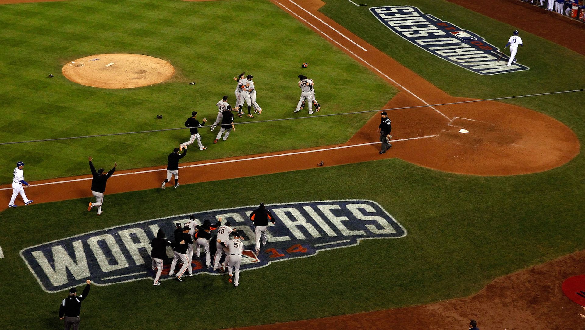 during Game Seven of the 2014 World Series at Kauffman Stadium on October 29, 2014 in Kansas City, Missouri.