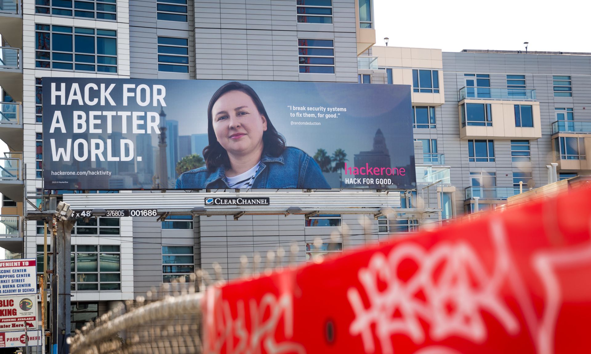 HackerOne billboard on display in downtown San Francisco, showing hacker @randomdeduction, known in the physical world as Jesse Kinser. (Photo courtesy of HackerOne).