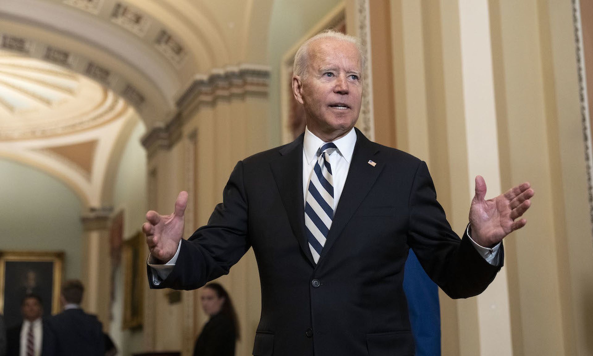 U.S. President Joe Biden speaks briefly to reporters after having lunch with Senate Democrats at the U.S. Capitol on July 14, 2021 in Washington, DC. The Biden administration announced various efforts to counter ransomware attacks. (Photo by Drew Angerer/Getty Images)