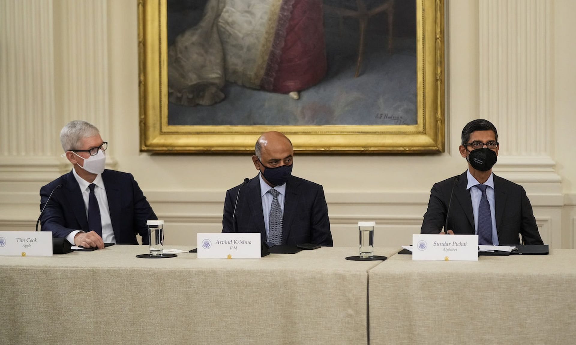 Apple CEO Tim Cook, IBM CEO Arvind Krishna, and Google CEO Sundar Pichai listen as U.S. President Joe Biden speaks during a meeting about cybersecurity at the White House on August 25. Today’s columnist, Ameesh Divatia of Baffle, says the Biden summit was a call-to-action for businesses. (Photo by Drew Angerer/Getty Images)