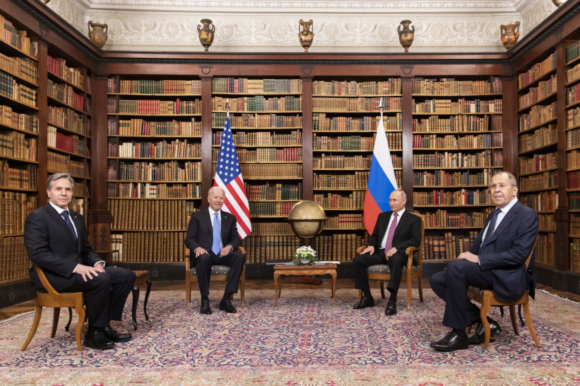 GENEVA, SWITZERLAND &#8211; JUNE 16: (L-R) U.S. Secretary of State Antony Blinken, U.S. President Joe Biden, Russian President Vladimir Putin and Russian Foreign Minister Sergei Lavrov meet during the U.S.-Russia summit at Villa La Grange on June 16, 2021 in Geneva, Switzerland. A new report finds signs that efforts from the U.S. and allies to call...