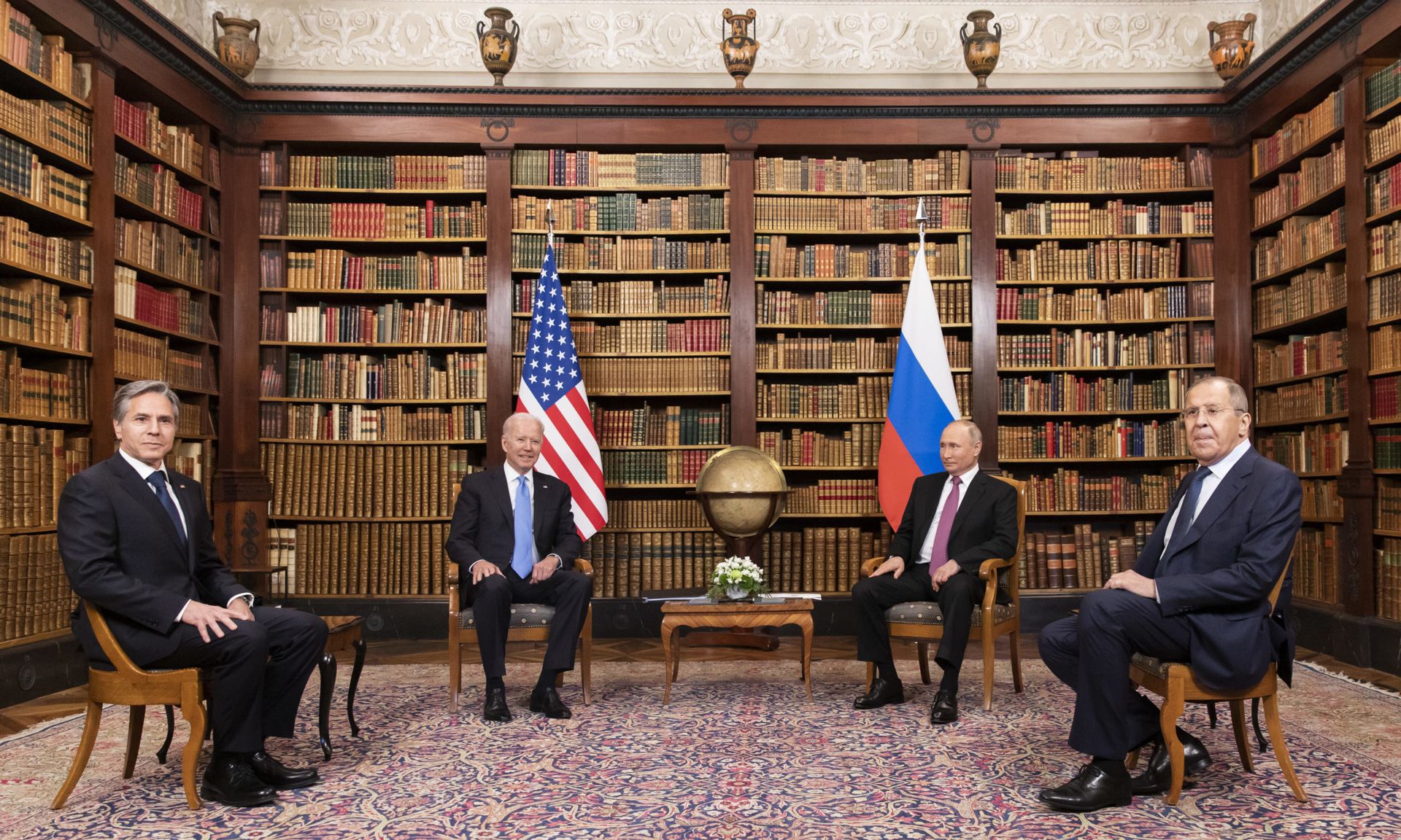 Left to right: U.S. Secretary of State Antony Blinken, U.S. President Joe Biden, Russian President Vladimir Putin and Russian Foreign Minister Sergei Lavrov meet during the U.S.-Russia summit at Villa La Grange on June 16, 2021, in Geneva. (Photo by Peter Klaunzer &#8211; Pool/Keystone via Getty Images)