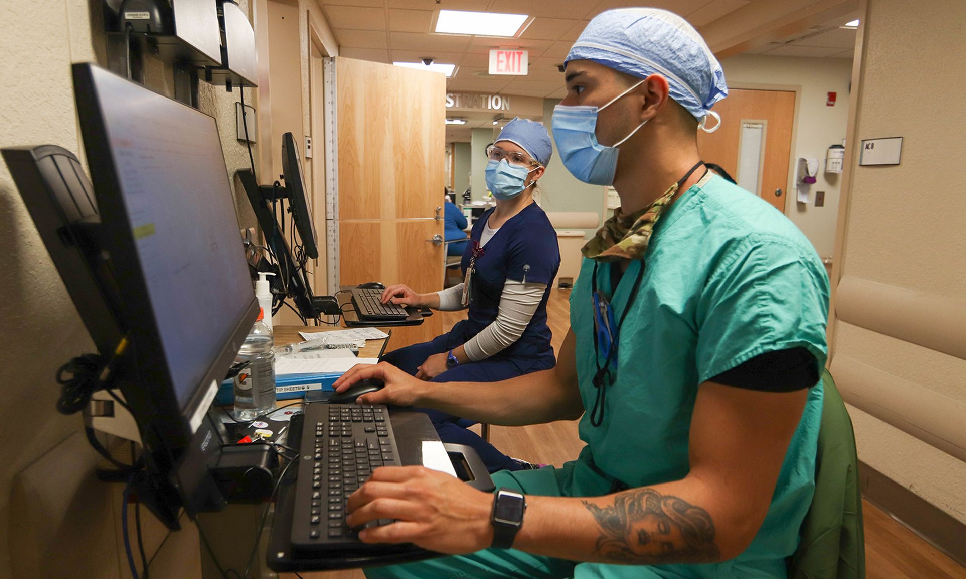 Insurance companies hold sensitive personal information, which can be used in other online crimes. Pictured: Pfc. Loran Jones, a combat medic with the Marietta-based 248th Medical Company, 265th Chemical Battalion, updates patient medical records on May 12, 2020, at Wellstar Atlanta Medical Center in Atlanta. (Pfc. Isaiah Matthews/Georgia Army Nati...