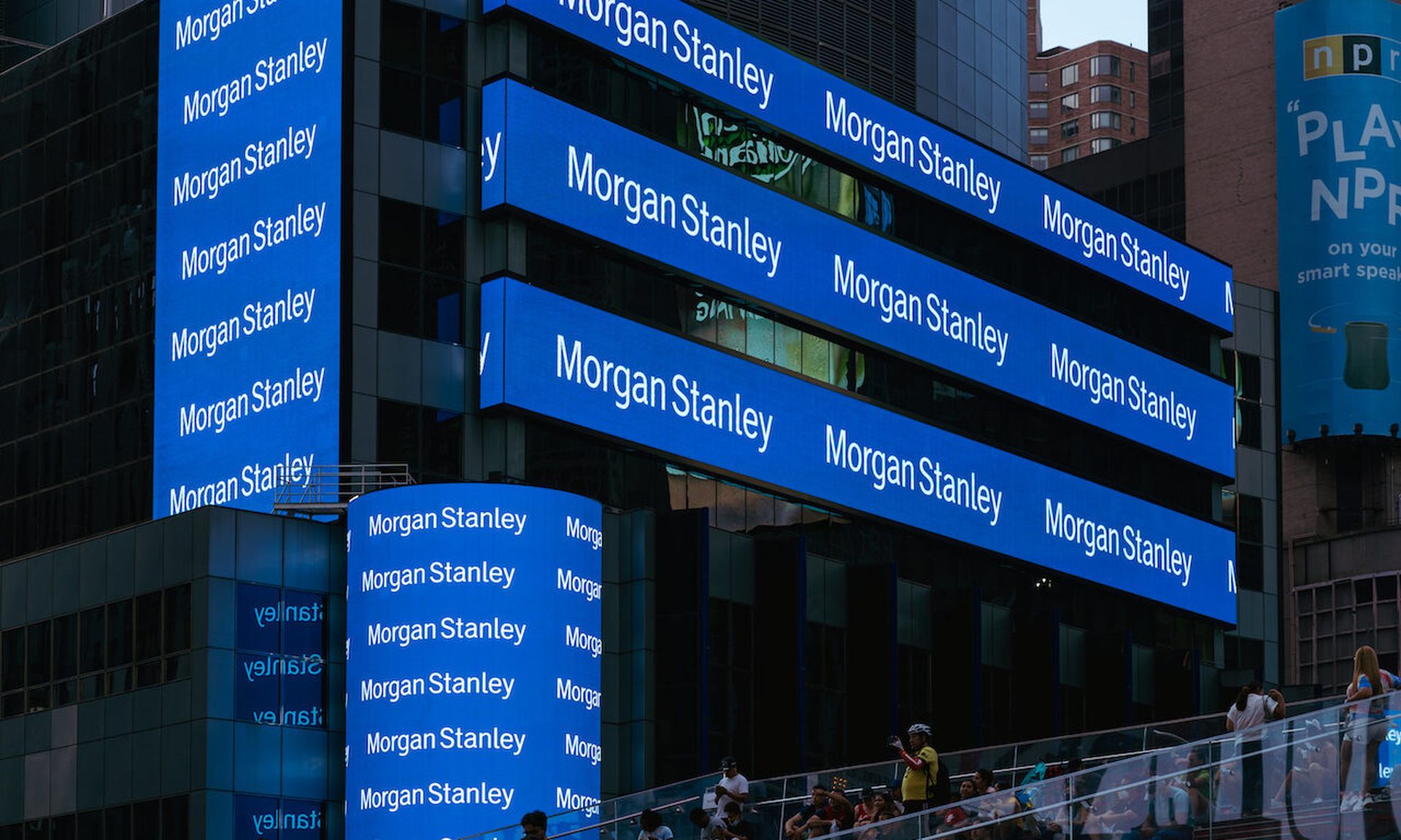 A view of the exterior of The Morgan Stanley Headquarters at 1585 Broadway in Times Square in New York City, July, 2021. (Gabriel Pevide/Getty Images for Morgan Stanley)