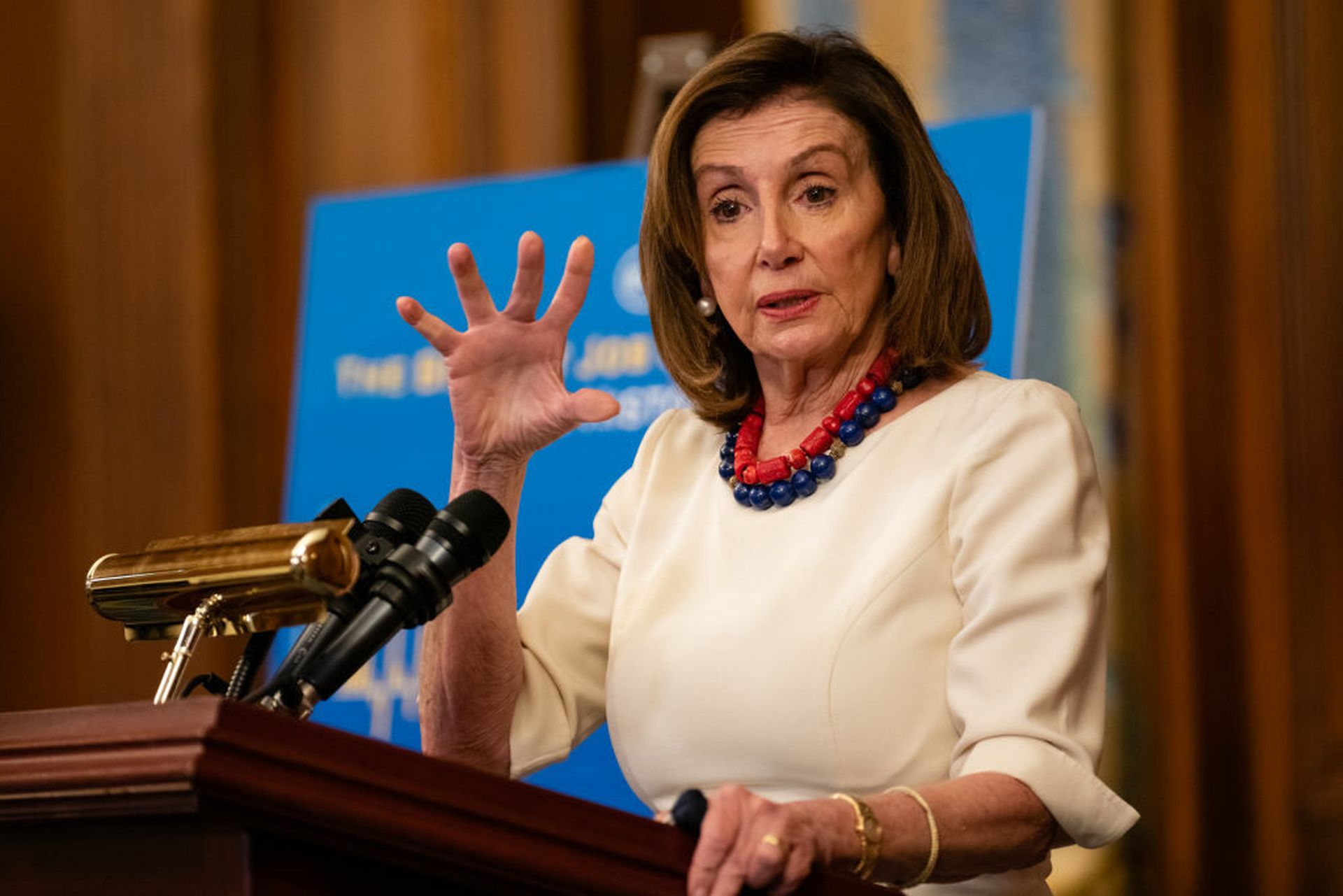 Speaker of the House Nancy Pelosi, D-Calif., talks to reporters during her weekly news conference on Capitol Hill on Jan. 20, 2022, in Washington. Pelosi released the framework of major legislation that would pump billions of federal dollars into domestic manufacturing of semiconductor computer chips and includes a number of new cybersecurity init...