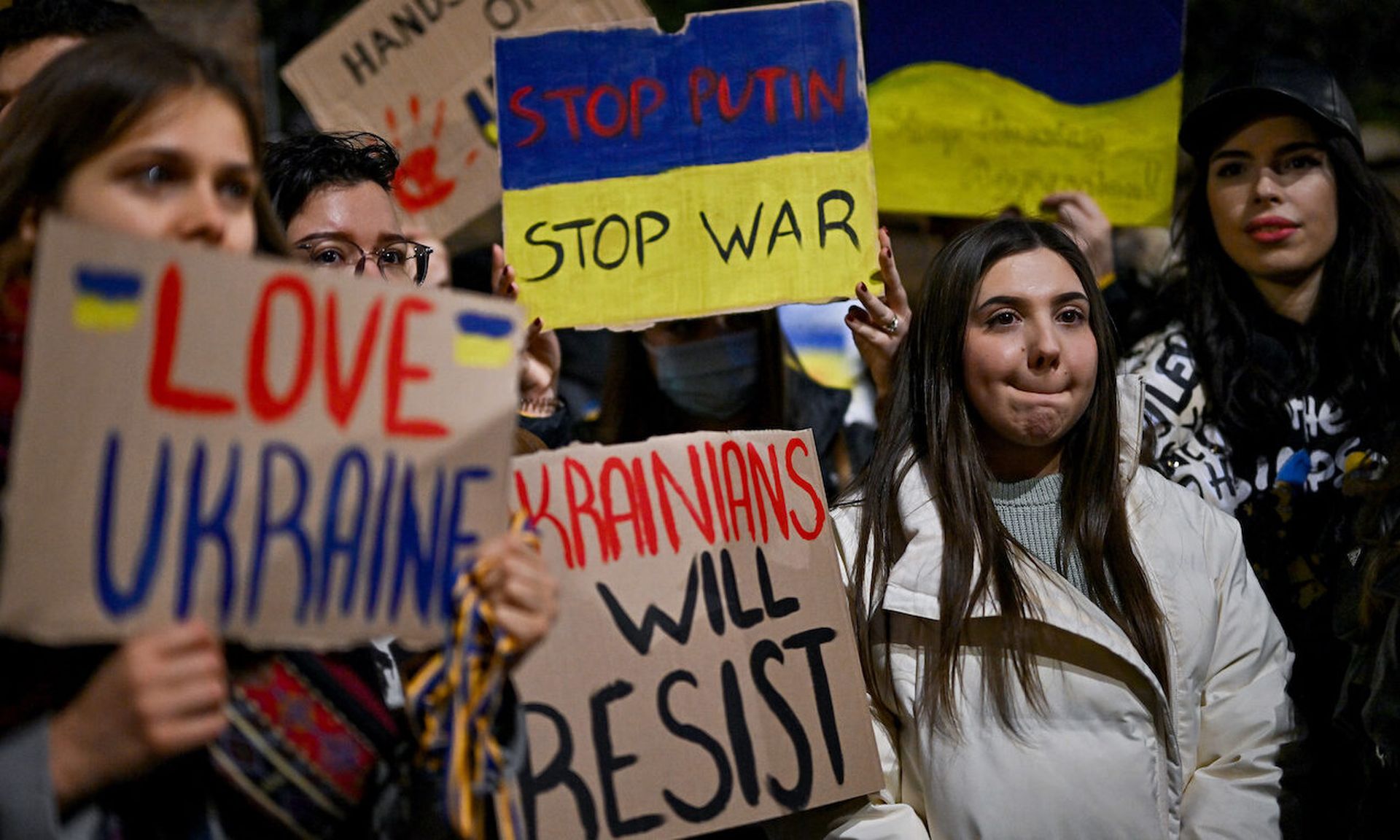 Ukrainians demonstrate outside the Russian Embassy against the recent invasion to Ukraine on Feb. 23, 2022, in London. (Photo by Jeff J Mitchell/Getty Images)