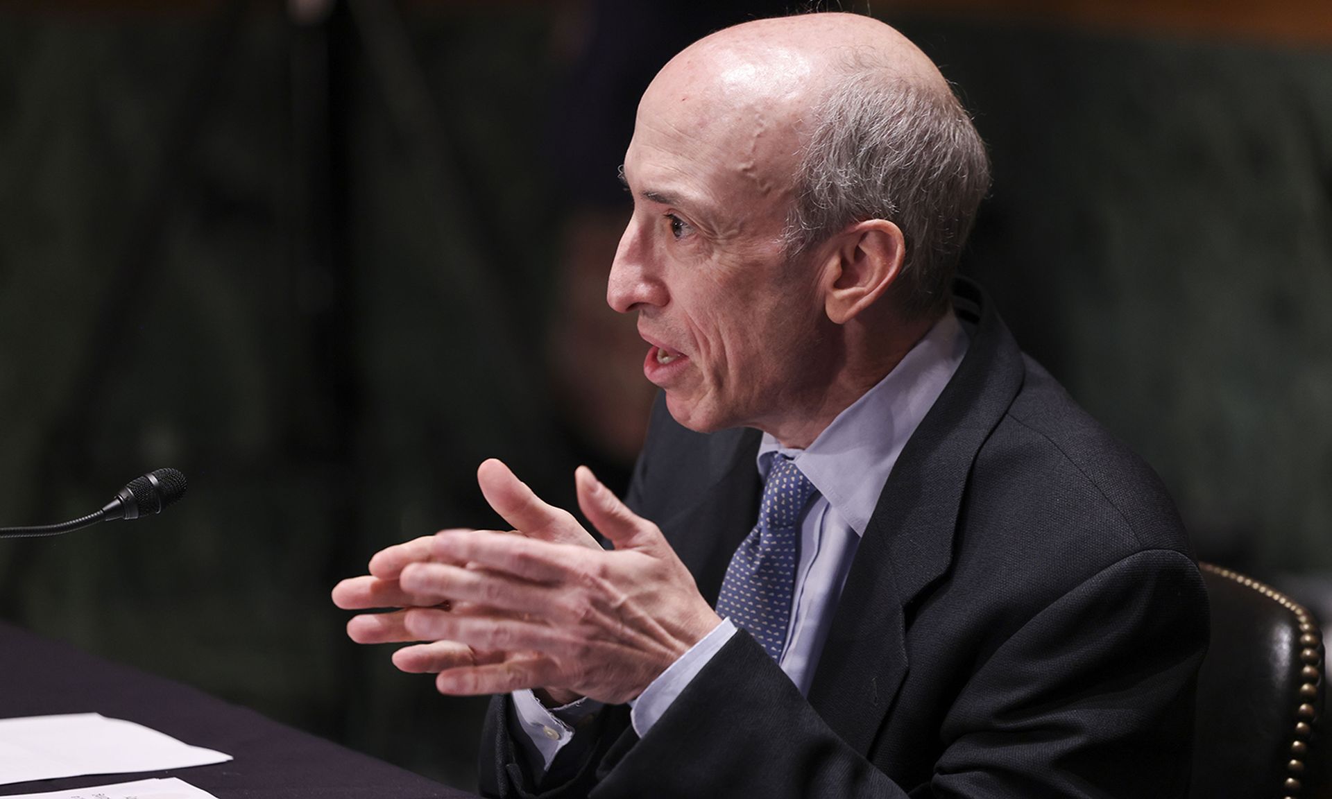 SEC Chairman Gary Gensler testifies before a Senate Banking, Housing, and Urban Affairs Committee oversight hearing on Sept. 14, 2021, in Washington. (Photo by Evelyn Hockstein/Pool via Getty Images)