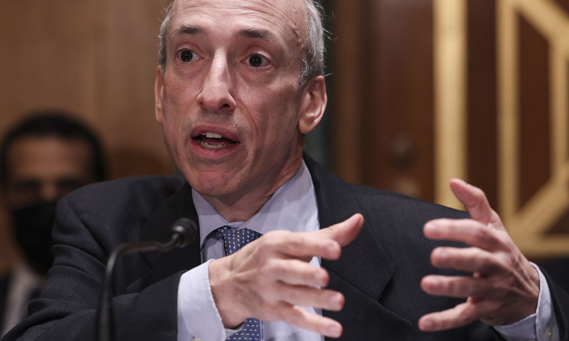 Gary Gensler, chair of the U.S. Securities and Exchange Commission, testifies before a Senate Banking, Housing, and Urban Affairs Committee oversight on Sept. 14, 2021, in Washington (Photo by Evelyn Hockstein/Pool via Getty Images)