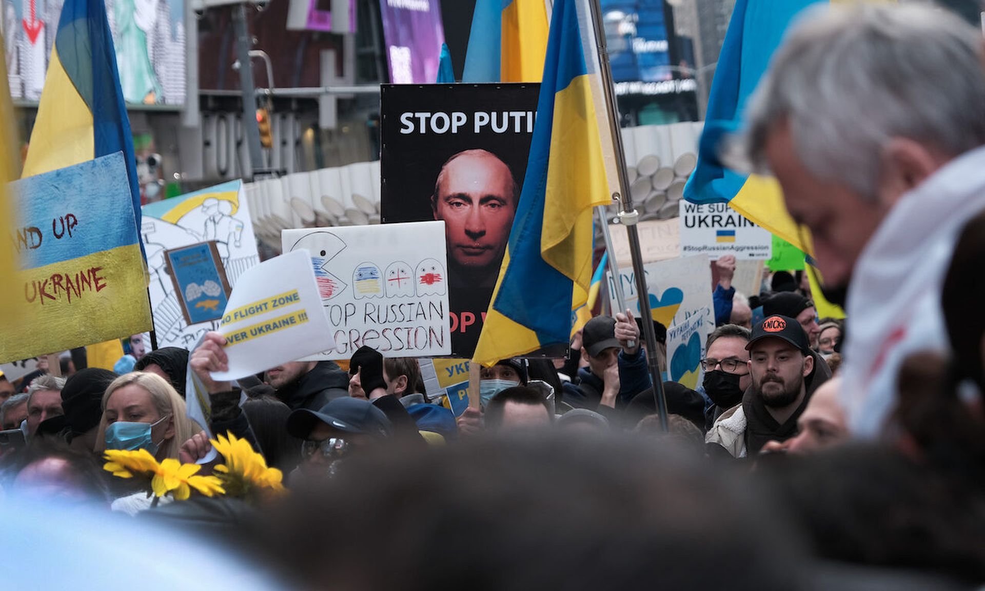 Hundreds of people gather in Manhattan’s Times Square in support of Ukraine and to demand an end to the Russian invasion of the country on March 05, 2022 in New York City. Cybersecurity companies have been providing support to Ukraine, with Fortinet today announcing that it would cease operations in Russia. (Photo by Spencer Platt/Getty Image...