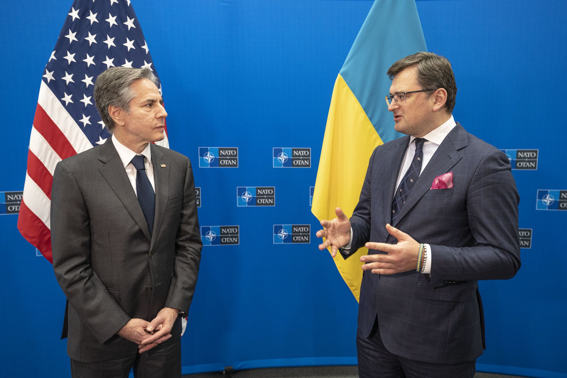 Secretary of State Antony J. Blinken, left, meets with Ukrainian Foreign Minister Dmytro Kuleba on April 7, 2022, in Brussels. (Freddie Everett/State Department)