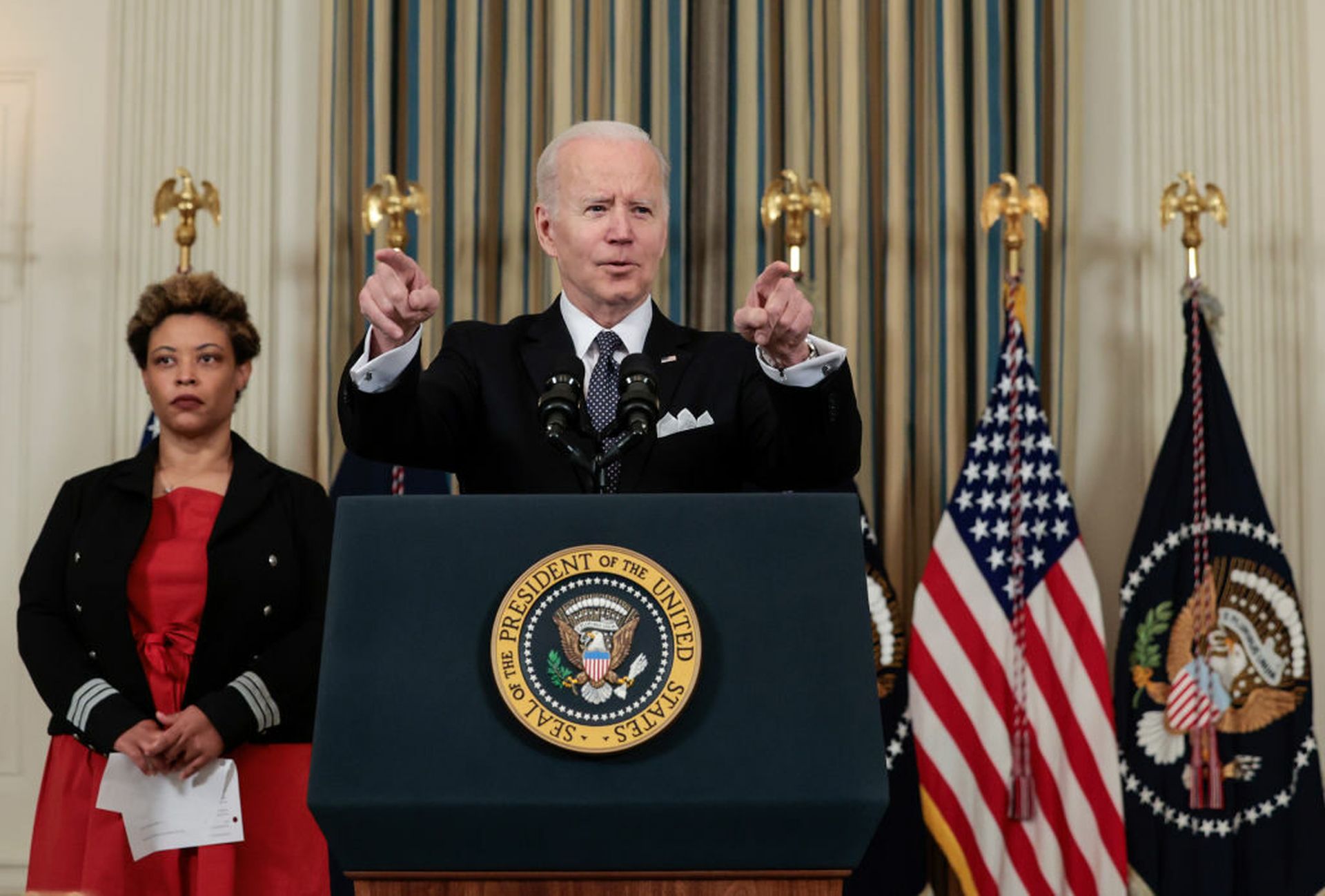 President Joe Biden speaks alongside Director of the Office of Management and Budget Shalanda Young as he introduces his budget request for fiscal year 2023. Cbersecurity officials at OMB are working to review individual agency plans for zero trust. (Photo by Anna Moneymaker/Getty Images)