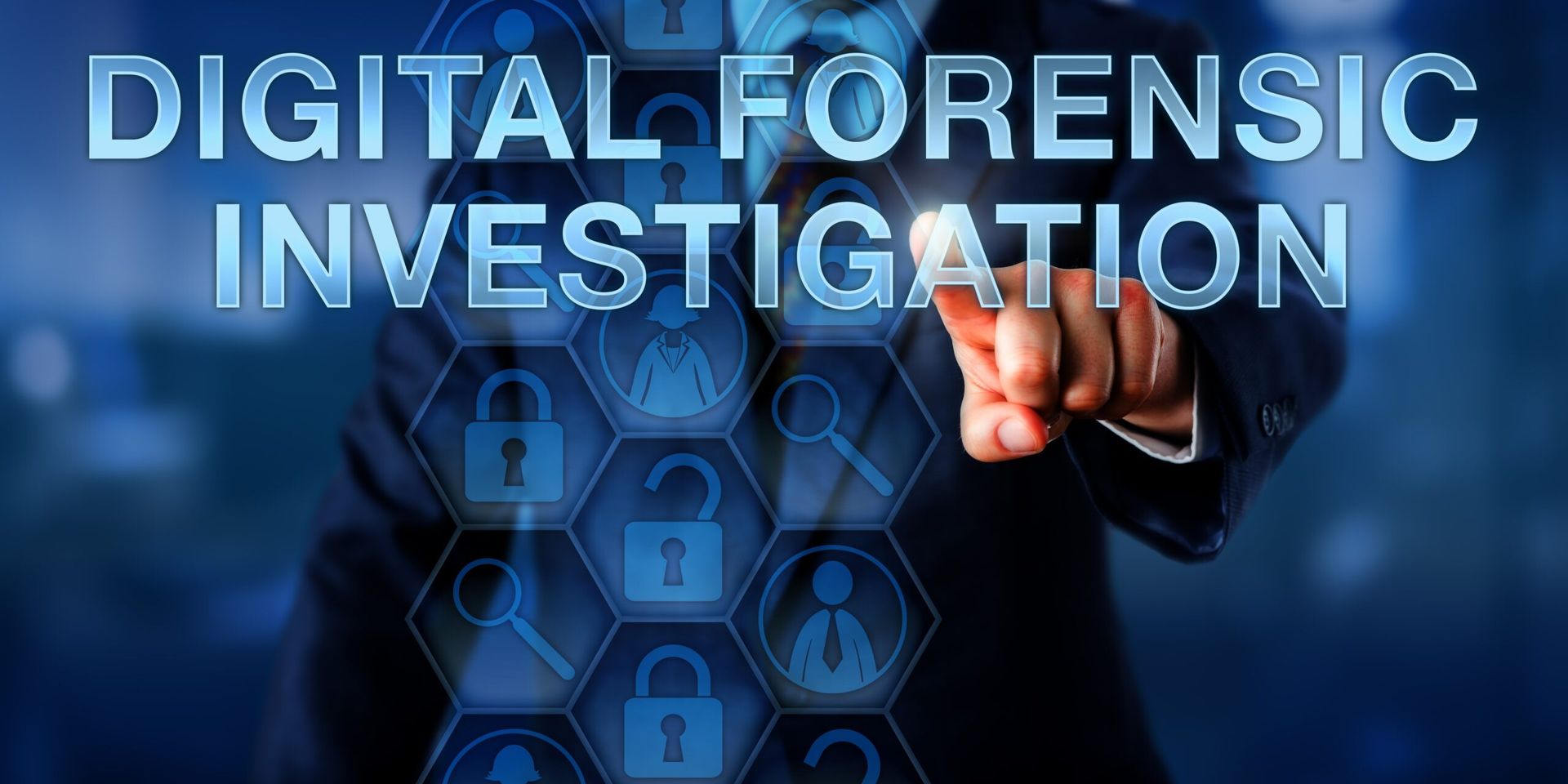Examiner pressing DIGITAL FORENSIC INVESTIGATION on a touch screen interface. Business metaphor and technology concept. Magnifying glass icons represent analytical tools for investigative techniques.