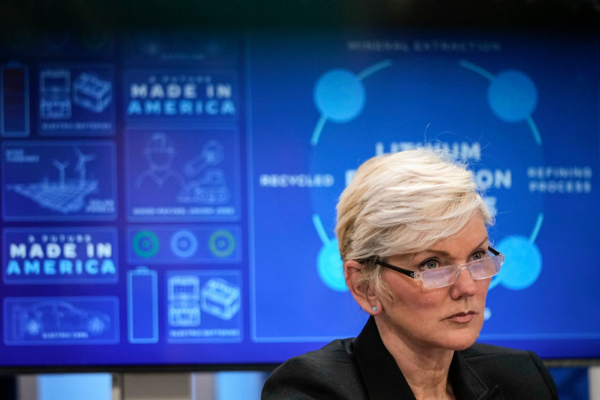 Secretary of Energy attends Jennifer Granholm participates in a virtual meeting about mineral supply chains and clean energy manufacturing in the South Court Auditorium of the White House complex February 22, 2022 in Washington, DC. A bipartisan group from Congress urged Granholm to maintain the department&#8217;s authority over energy sector cyber...