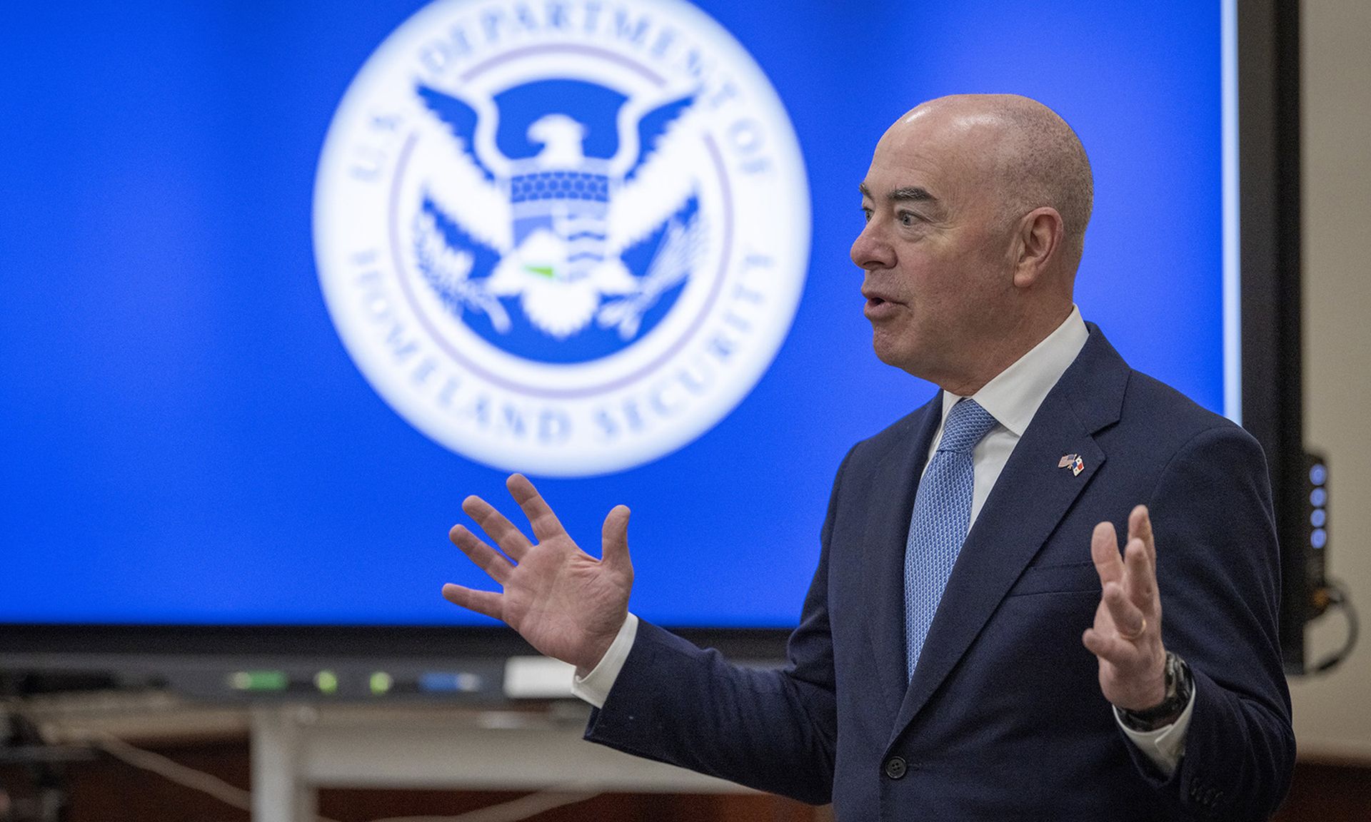 Homeland Security Secretary Alejandro Mayorkas meets with staff members at the U.S. Embassy in Panama on April 19, 2022. (Zachary Hupp/DHS)