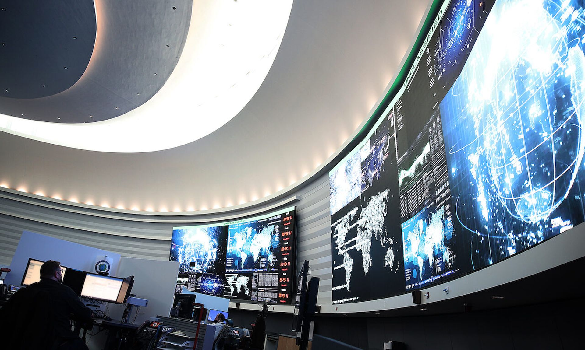 A U.S. Cyber Command member works in the Integrated Cyber Center, Joint Operations Center at Fort George G. Meade, Md.