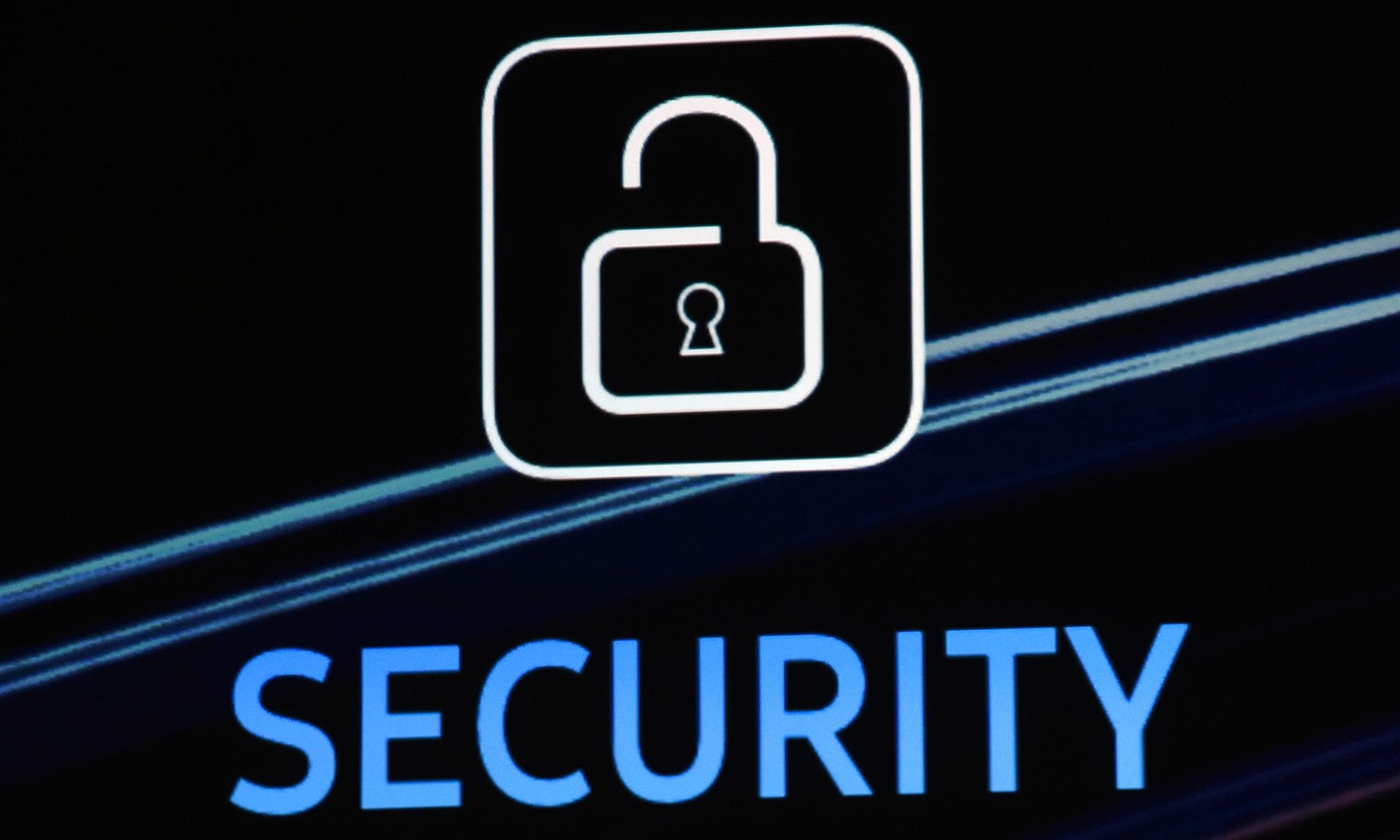 A security logo is shown on screen during a keynote address at CES 2016 in Las Vegas. (Photo by Ethan Miller/Getty Images)