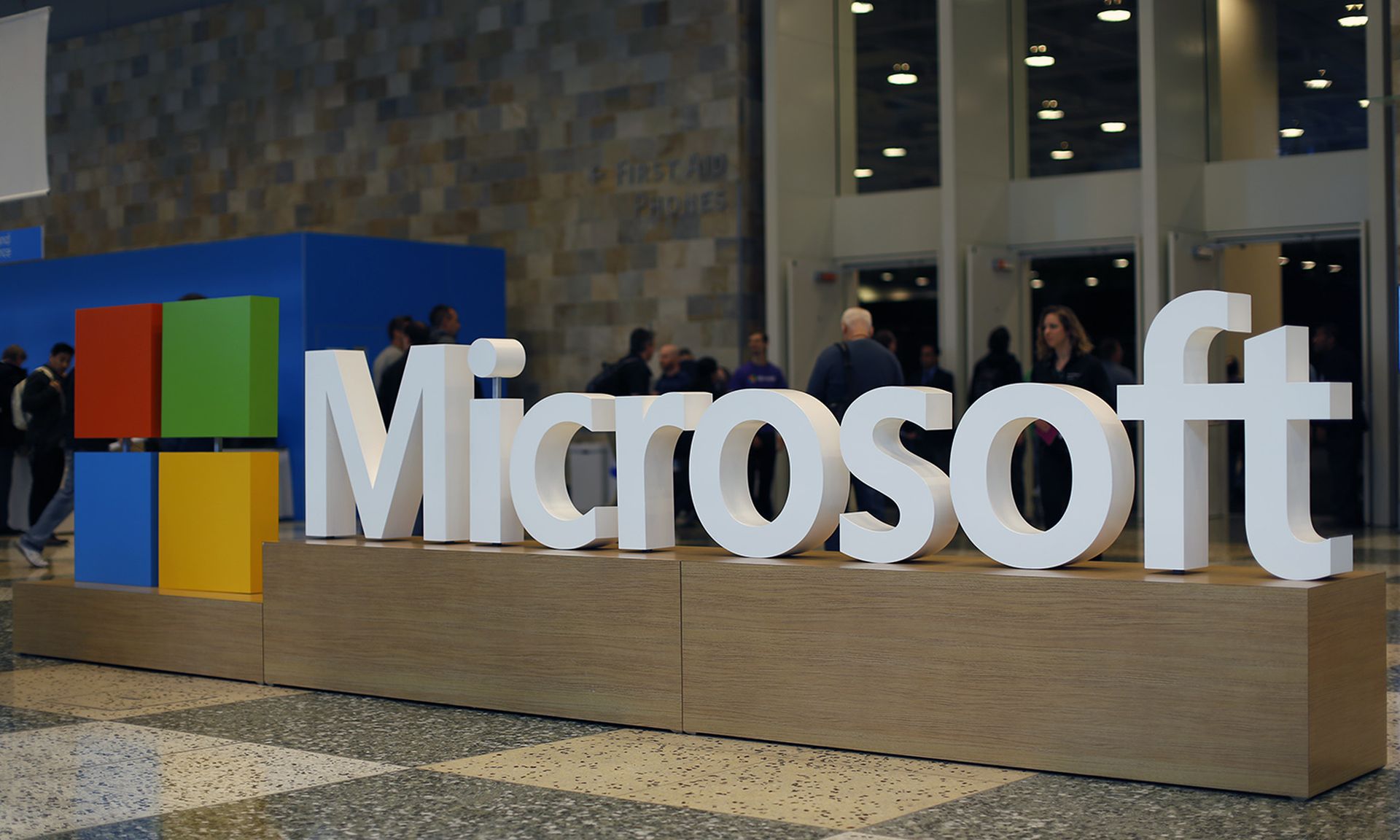 A Microsoft logo is seen during the 2015 Microsoft Build Conference on April 29, 2015, at Moscone Center in San Francisco. (Photo by Stephen Lam/Getty Images)