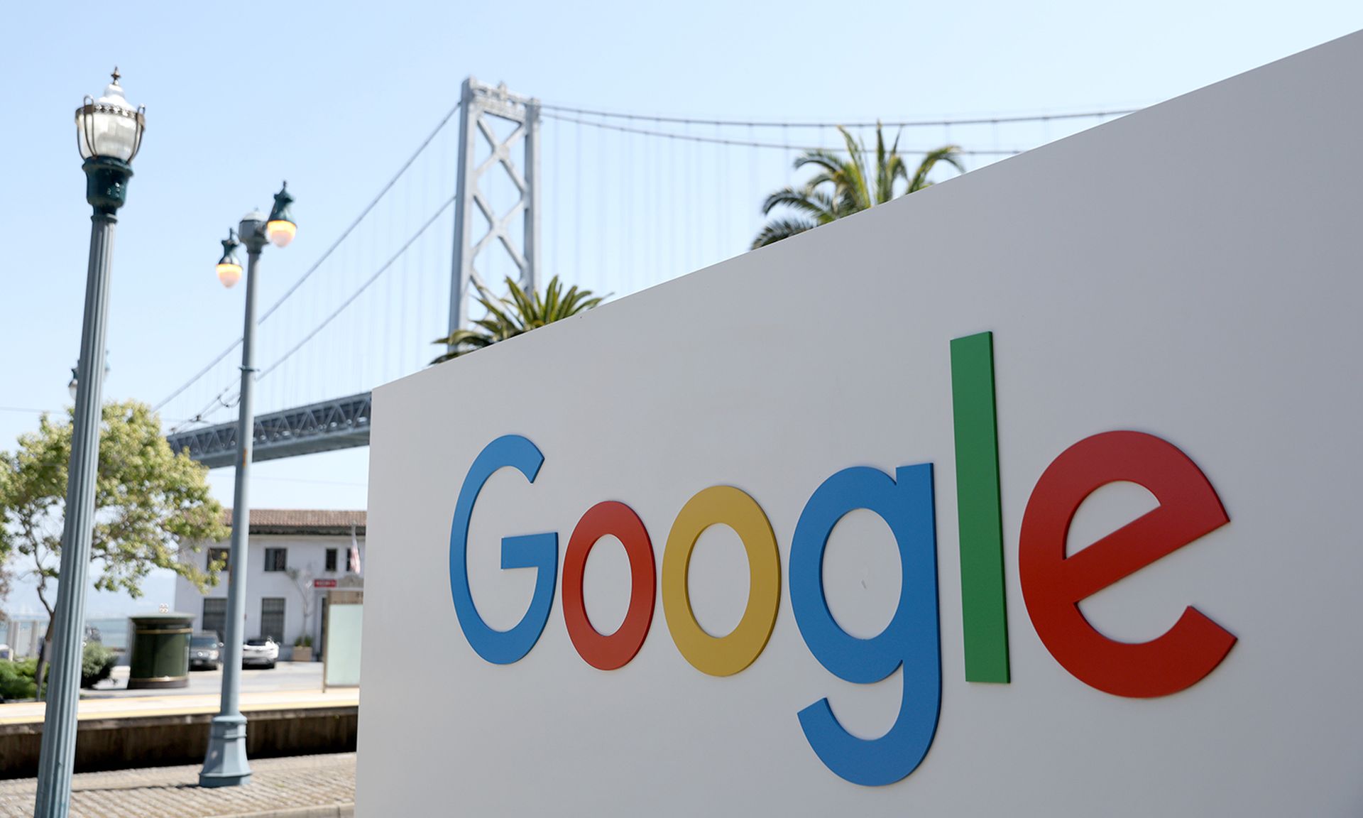 A sign is posted in front of a Google office on April 26, 2022, in San Francisco. (Photo by Justin Sullivan/Getty Images)