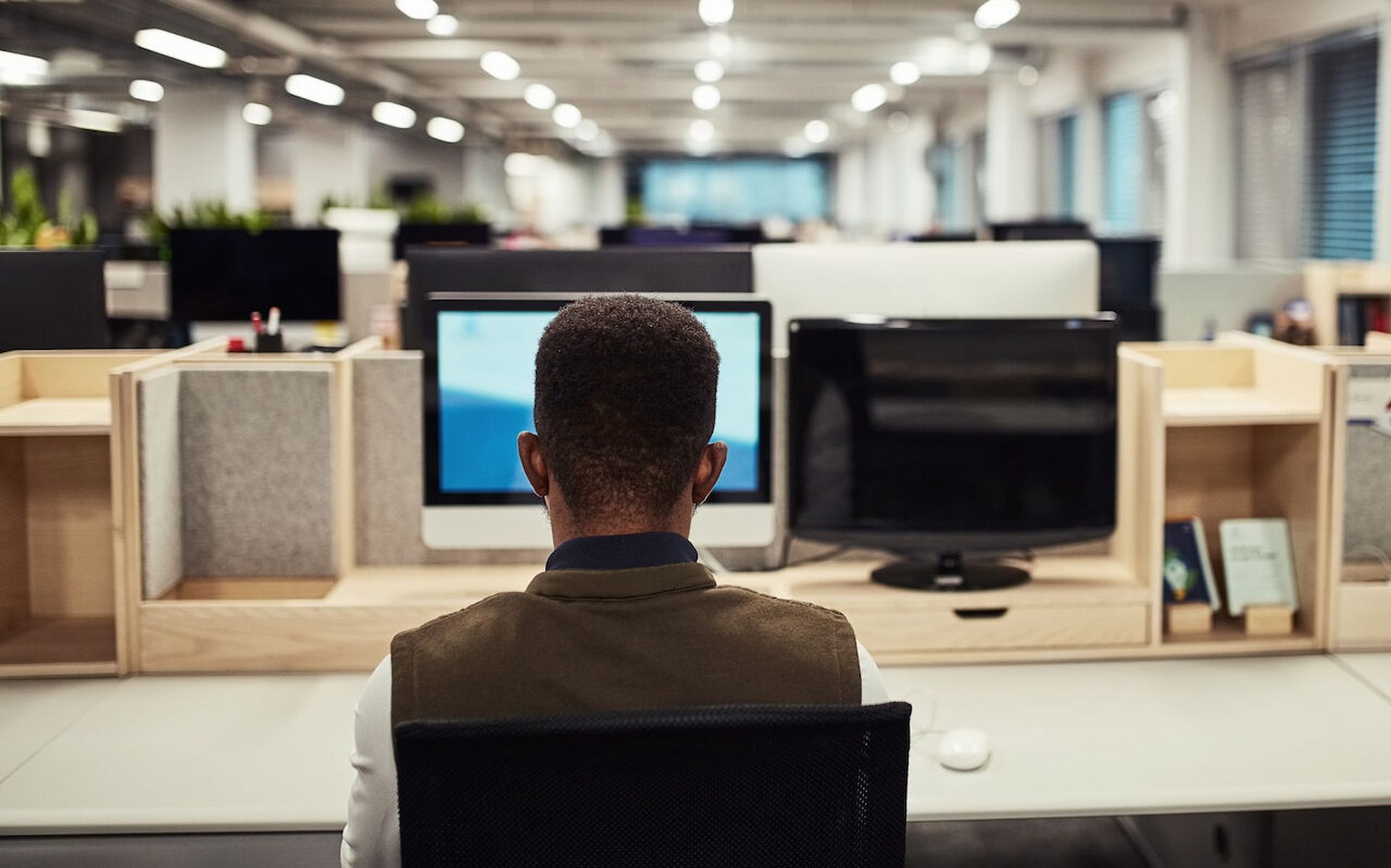 Rear view shot of a person on a computer in an office.