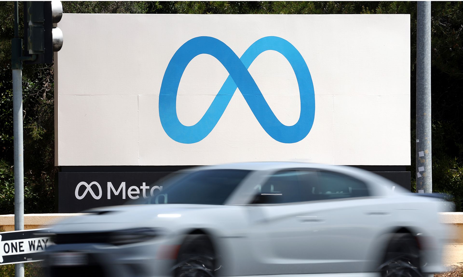 A sign is posted in front of Meta headquarters on April 28, 2022, in Menlo Park, Calif. (Photo by Justin Sullivan/Getty Images)