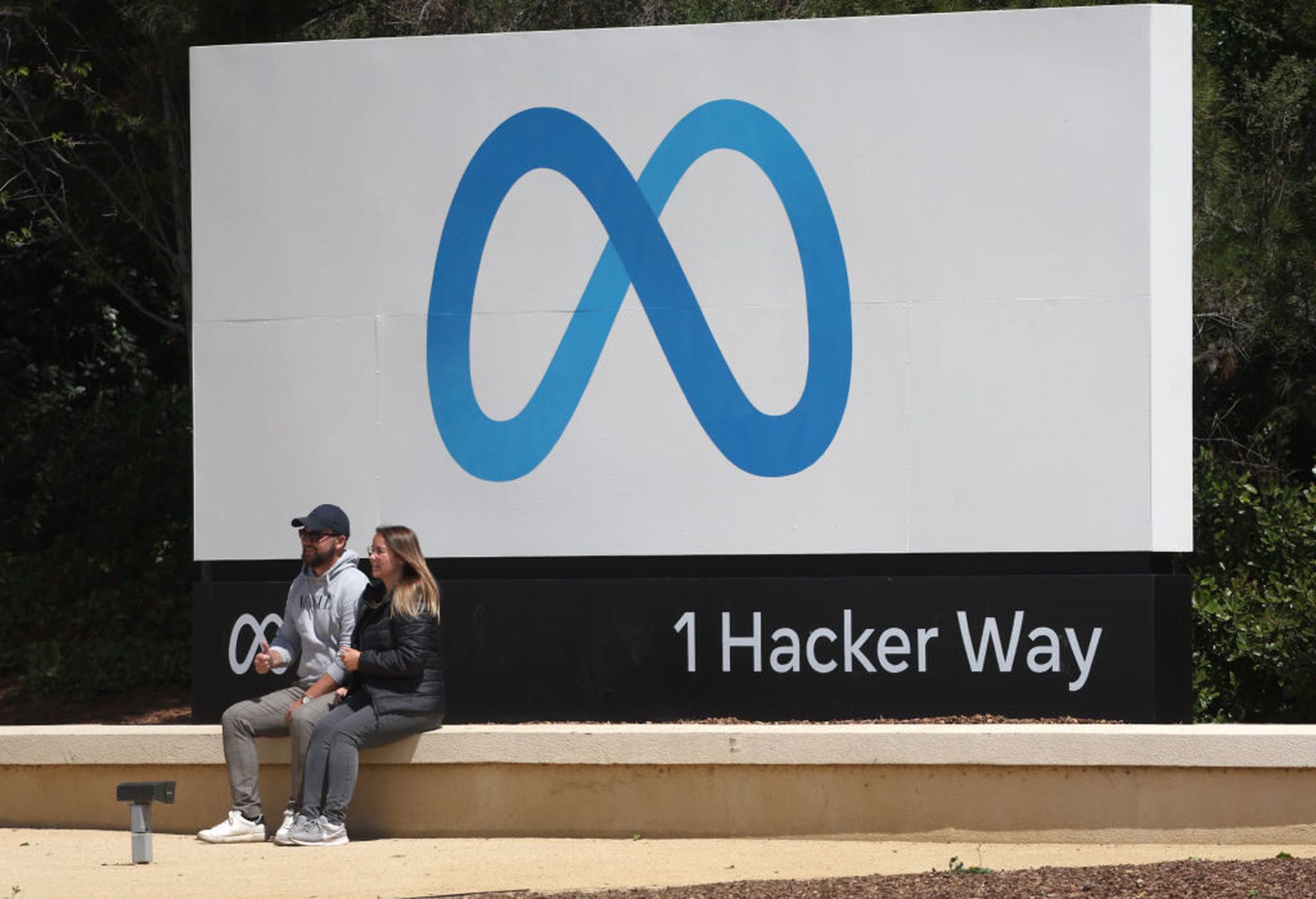 A sign is posted in front of Meta headquarters on April 28, 2022 in Menlo Park, California. A top European regulator has fined Facebook owner Meta €265 million ($277 million) for failing to protect more than half a billion users’ information from so-called data scrapers. (Photo by Justin Sullivan/Getty Images)