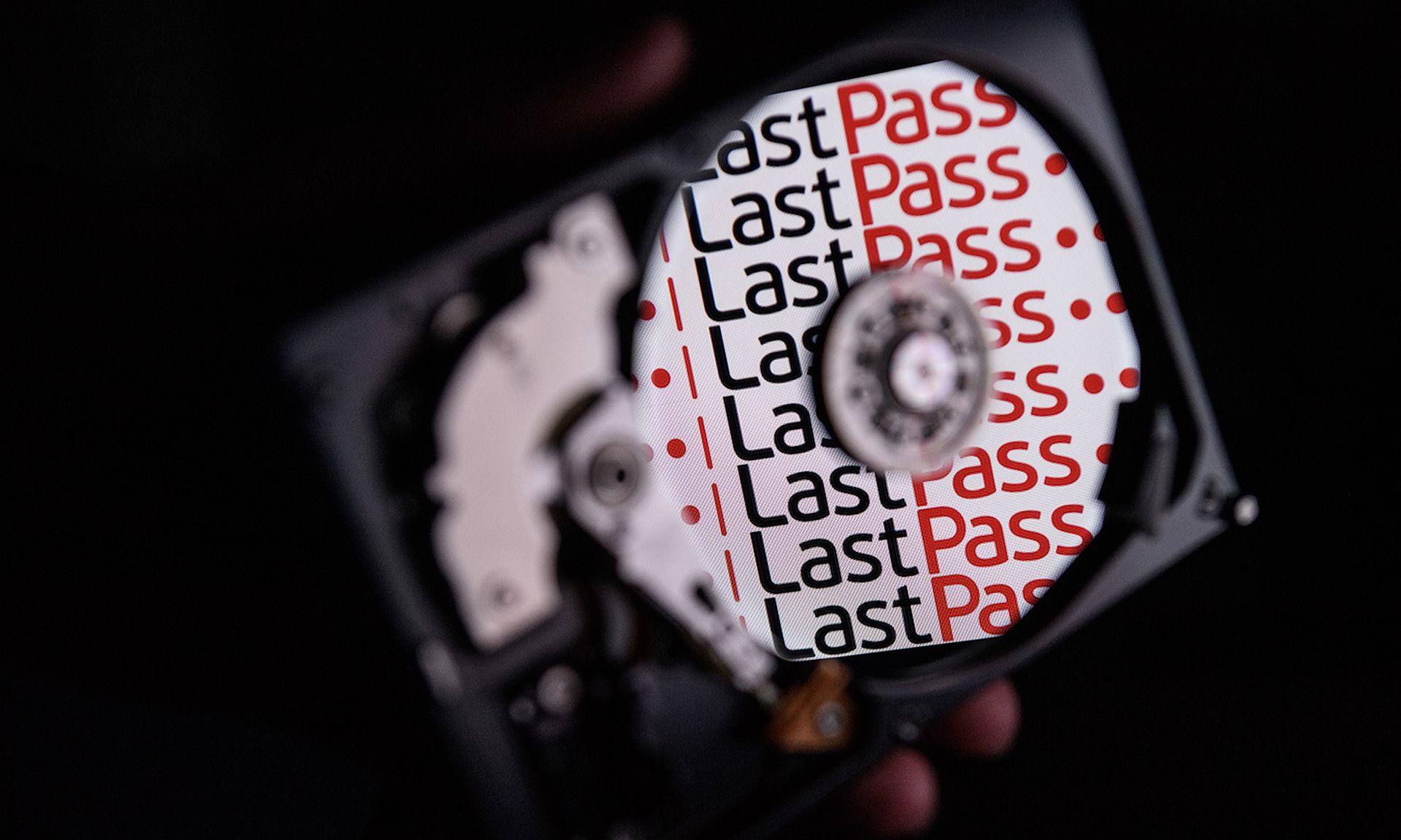 The LastPass logo is reflected on a harddrive