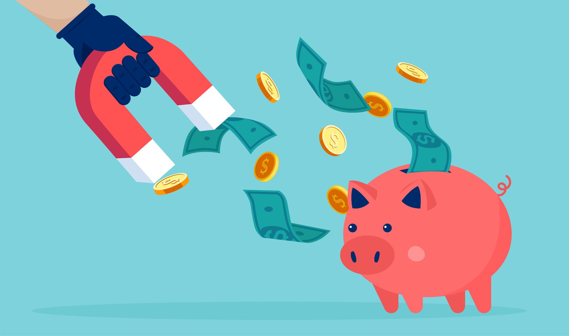Vector of a thief man holding a magnet in hand stealing money coins from piggy bank.