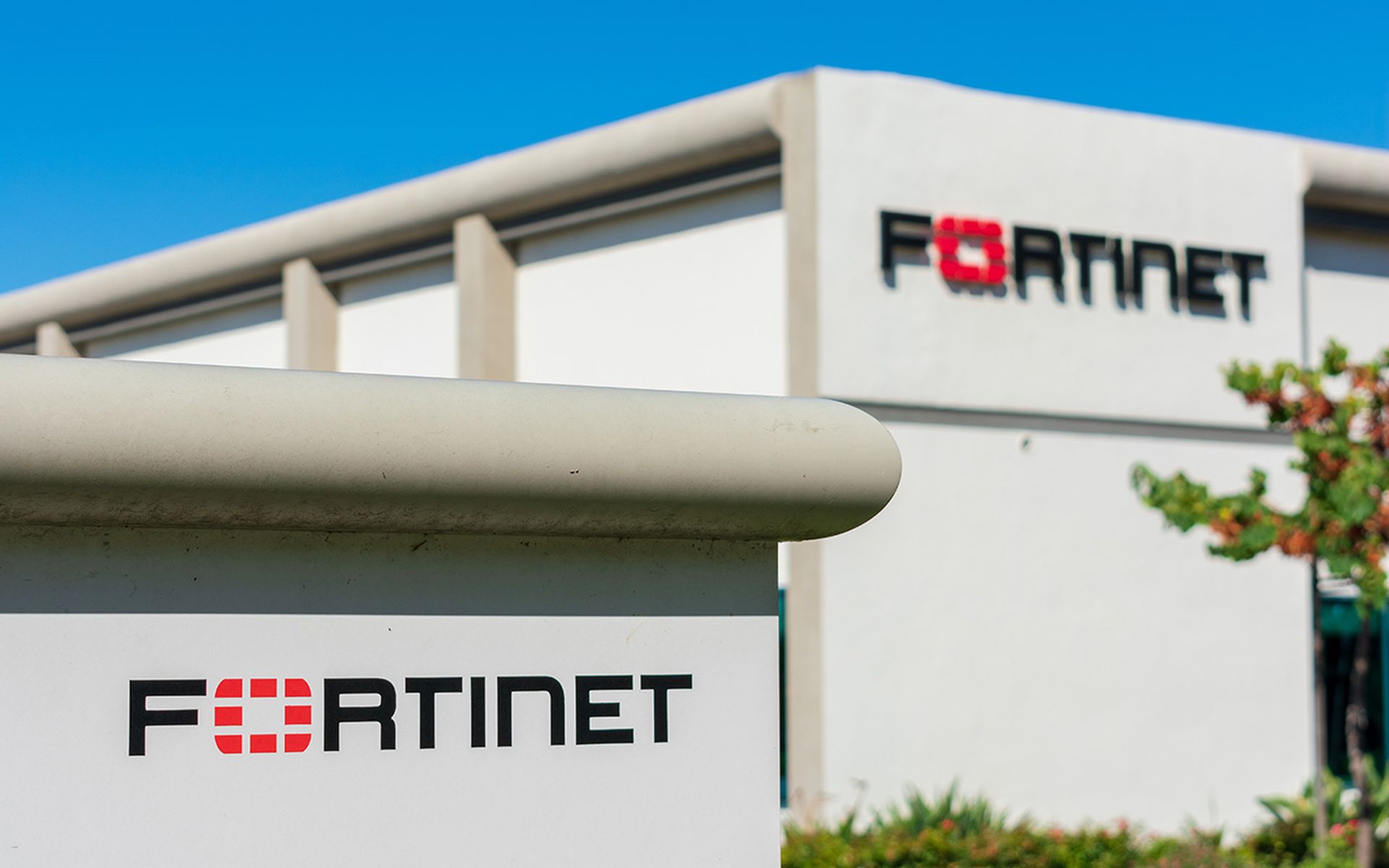 Fortinet sign at cybersecurity company headquarters