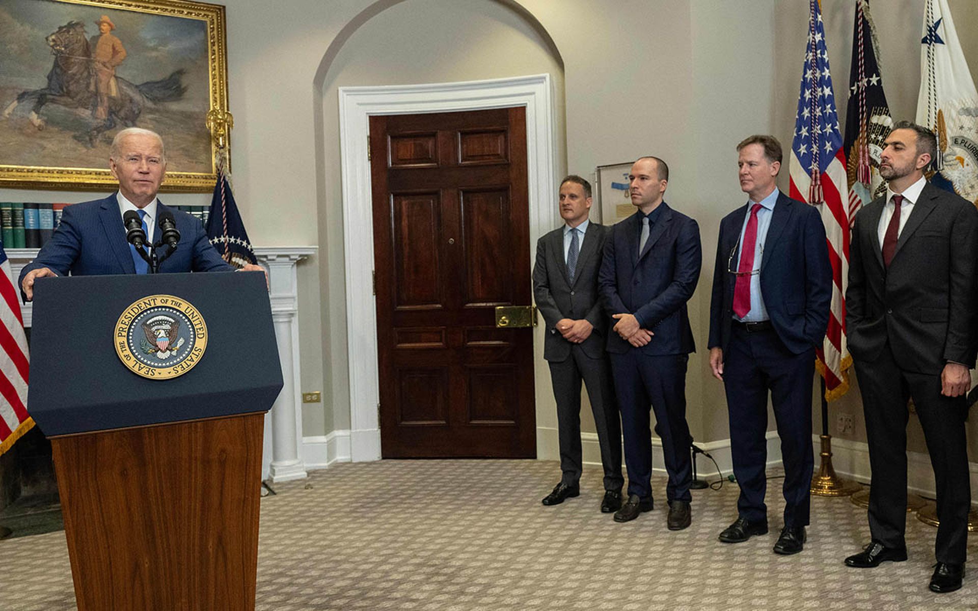 Biden addresses the media during a meeting with tech leaders at the White House.