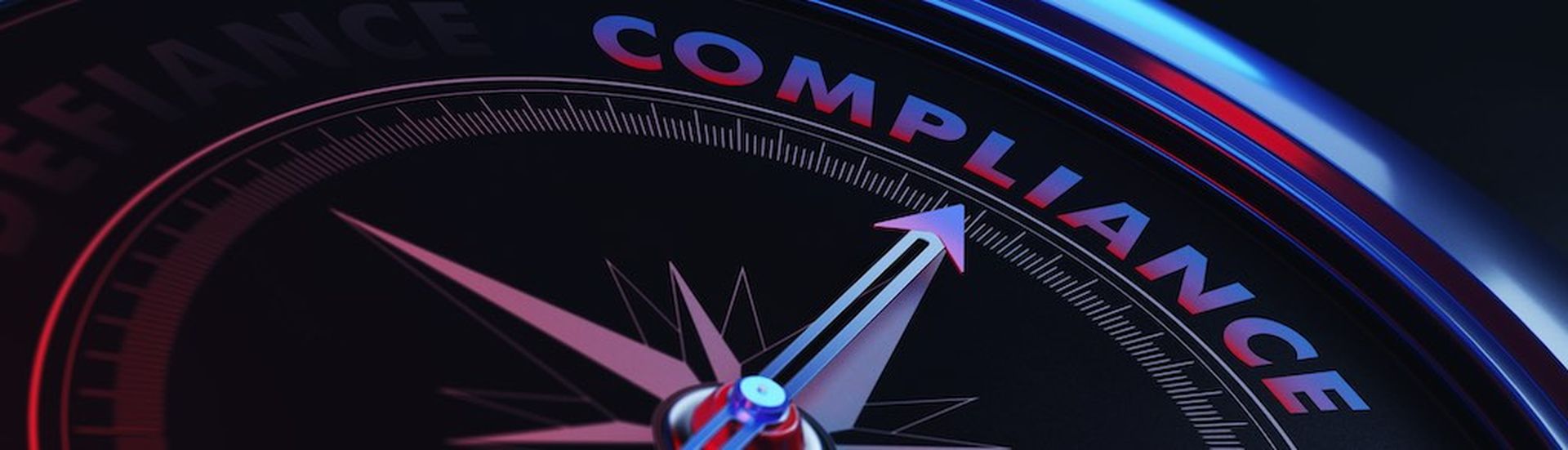 Arrow of a compass is pointing compliance text on the compass. Arrow, compliance text and the frame of compass are metallic blue in color. Red light illuminating compass is creating a sense of tension. Black backgound. Horizontal composition with copy space. Compliance concept.