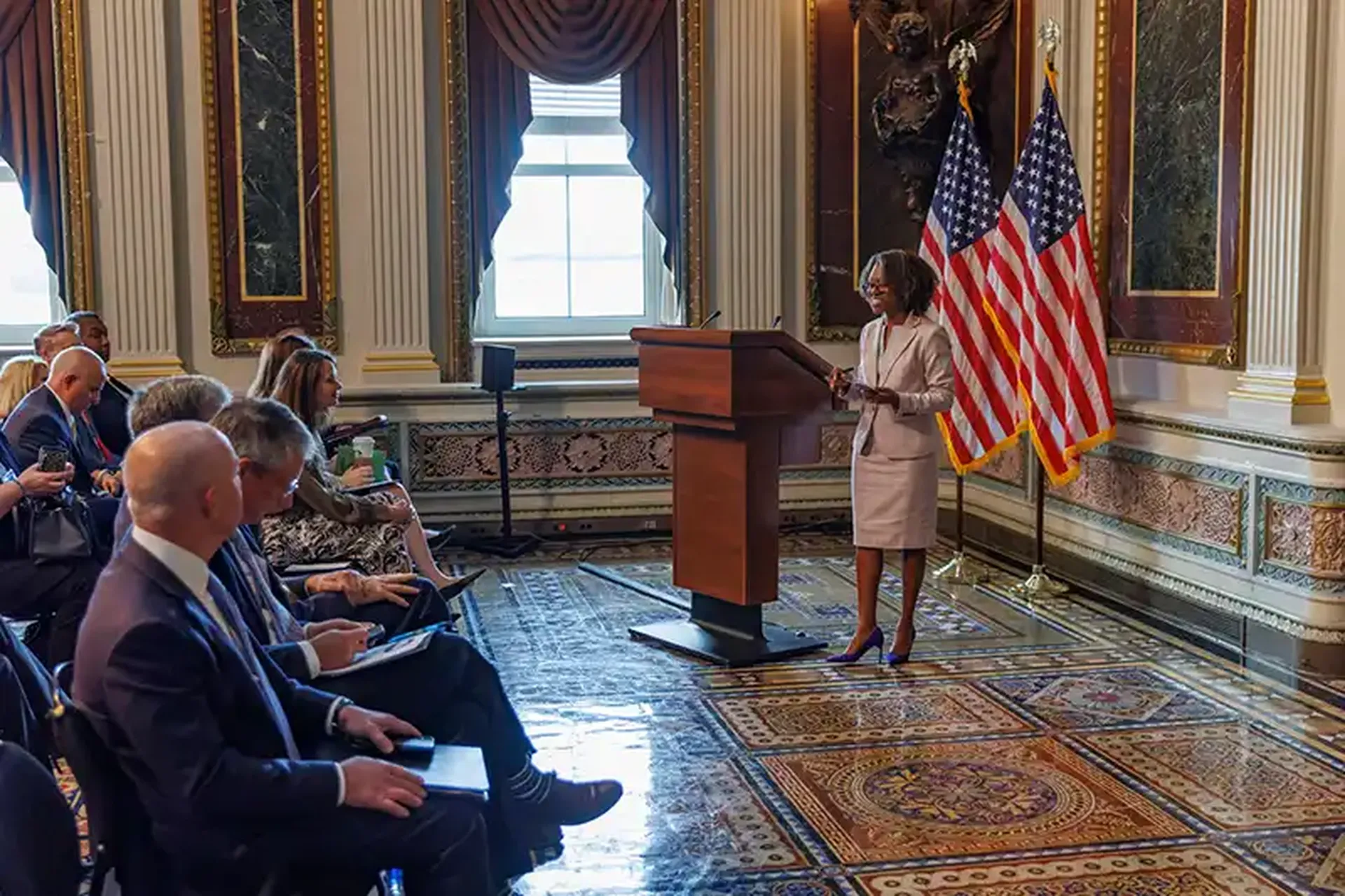 Kemba Walden, Acting Director of Office of the National Cyber Director, speaking at a White House press event announcing The National Cyber Workforce and Education Strategy. (Credit: White House)