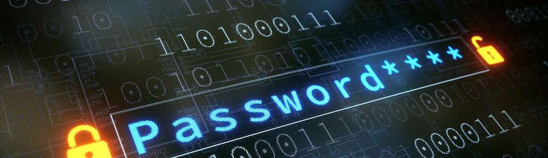 Close up on a password input field on a surface with binary numbers, a blueprint schematics and two padlocks on each side.