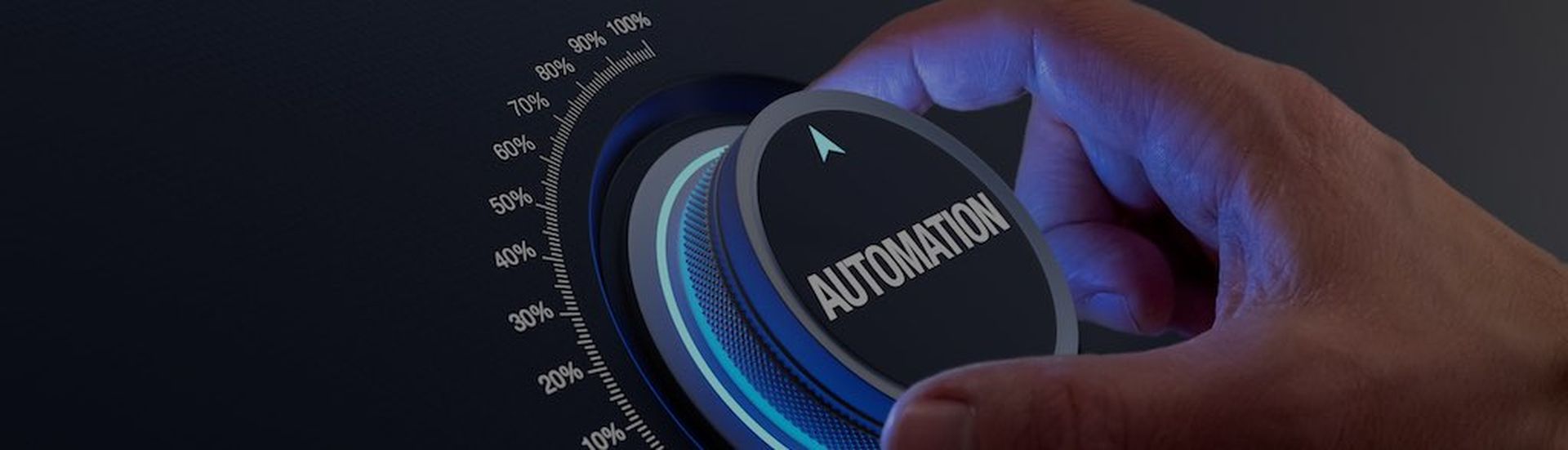 Automate business and industry to increase productivity and improve reliability. Consultant implementing Robotic Process Automation. Concept with hand turning a knob. Management strategy.