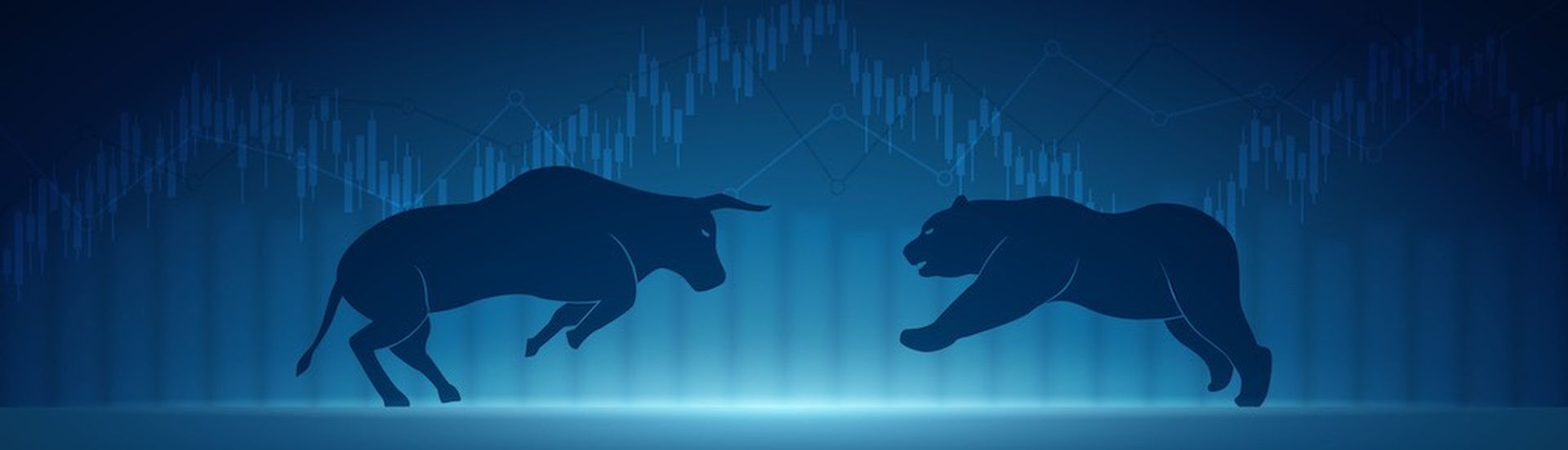 Abstract financial chart with bulls and bear in stock market on blue colour background