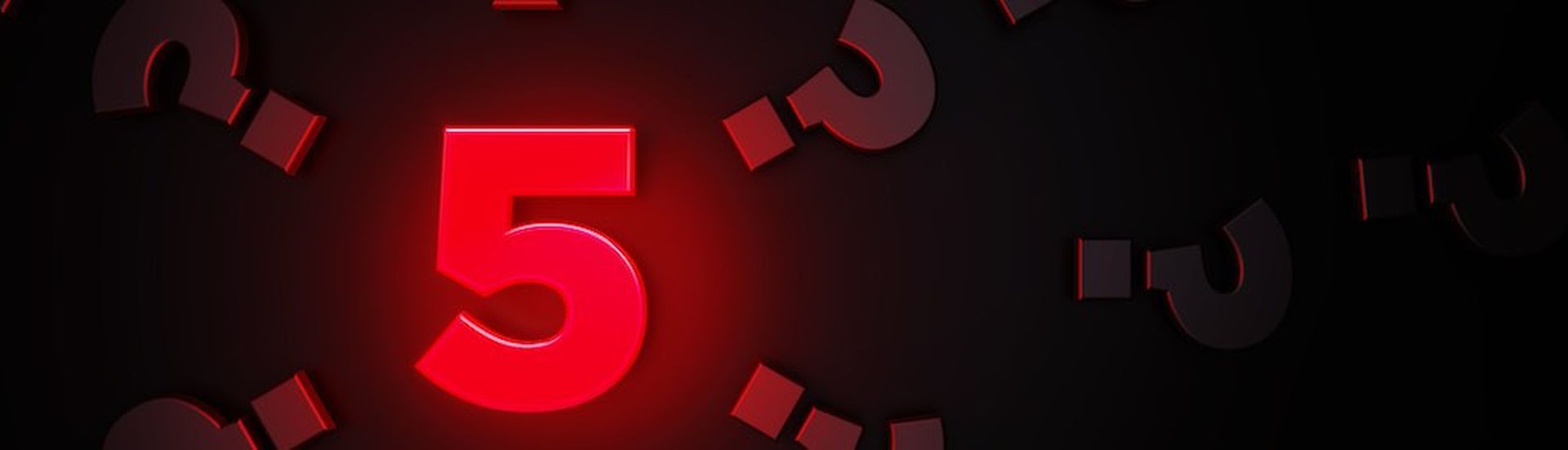 Red number five glowing amid black question mark symbols on black background. Horizontal composition with copy space. Directly above. Q and A concept.