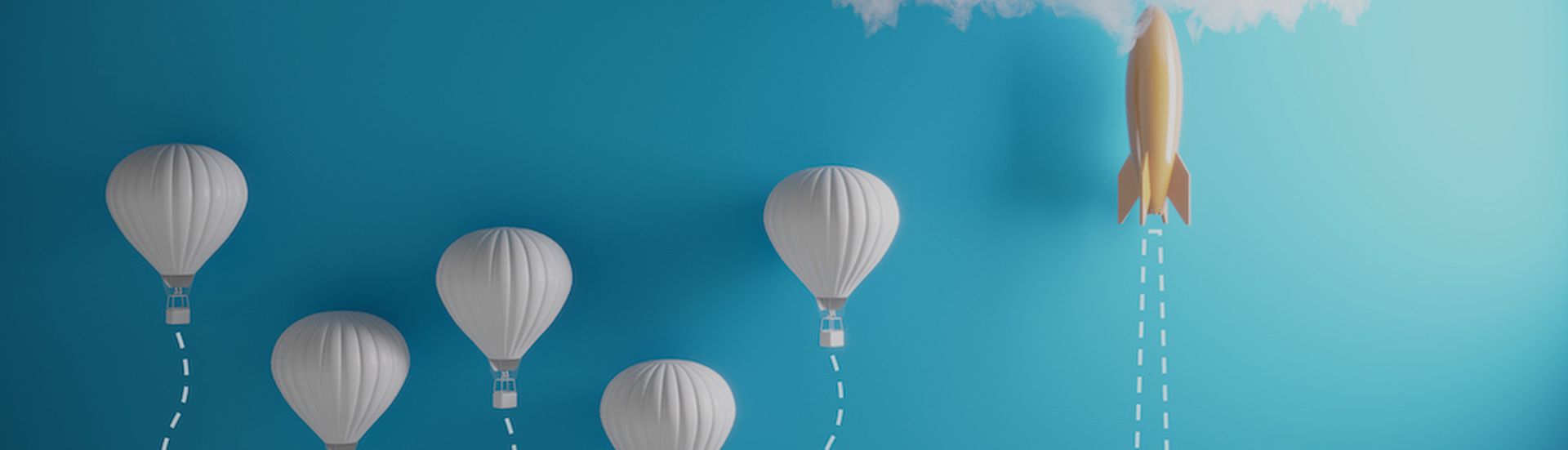 Orange colored rocket rising to the clouds between the hot air balloons. ( 3d render )