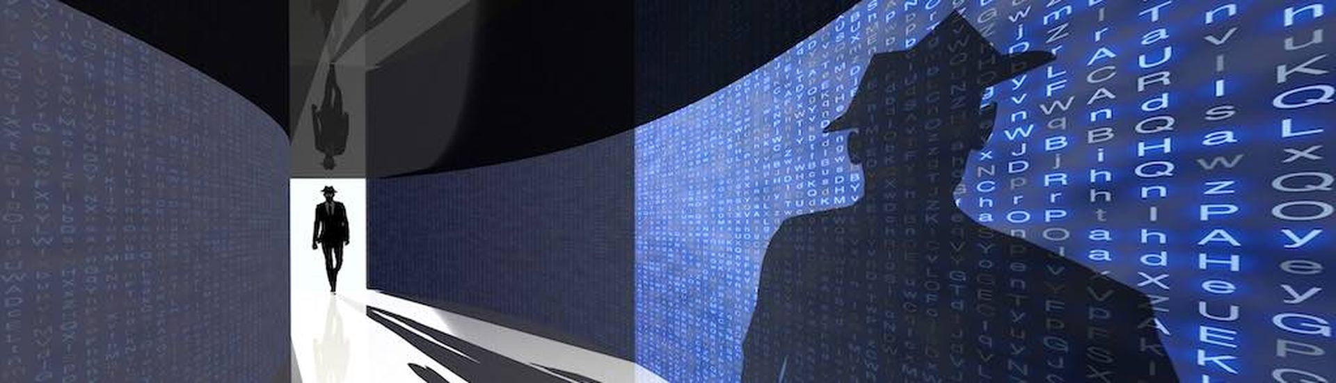 A silhouette of a hacker with a black hat in a suit enters a hallway with walls textured with random letters 3D illustration backdoor concept