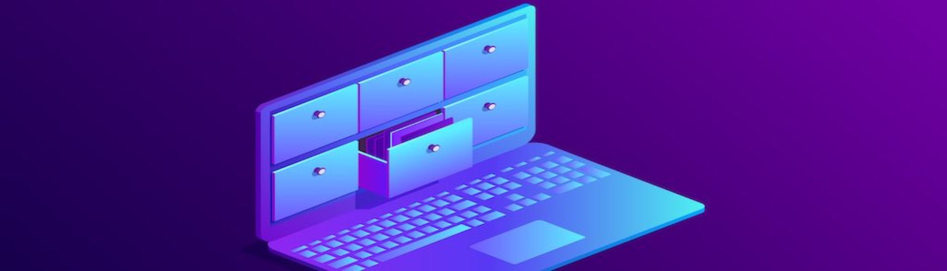 Isometric concept of database, card index in laptop. 3d computer with drawers, storage system. Vector illustration.