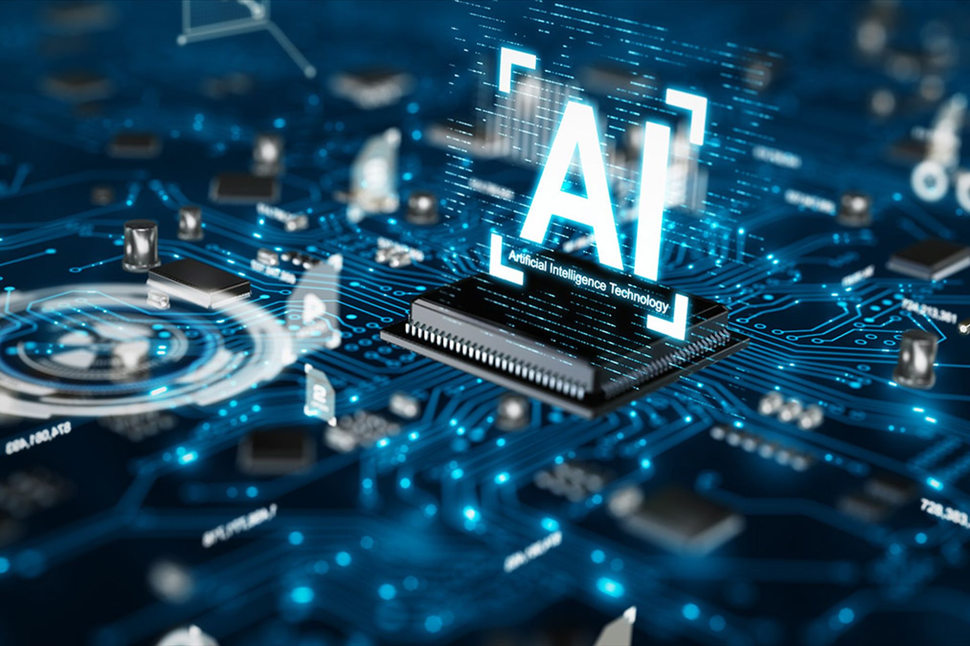 3D render AI artificial intelligence technology CPU central processor unit chipset on the printed circuit board for electronic and technology concept select focus shallow depth of field